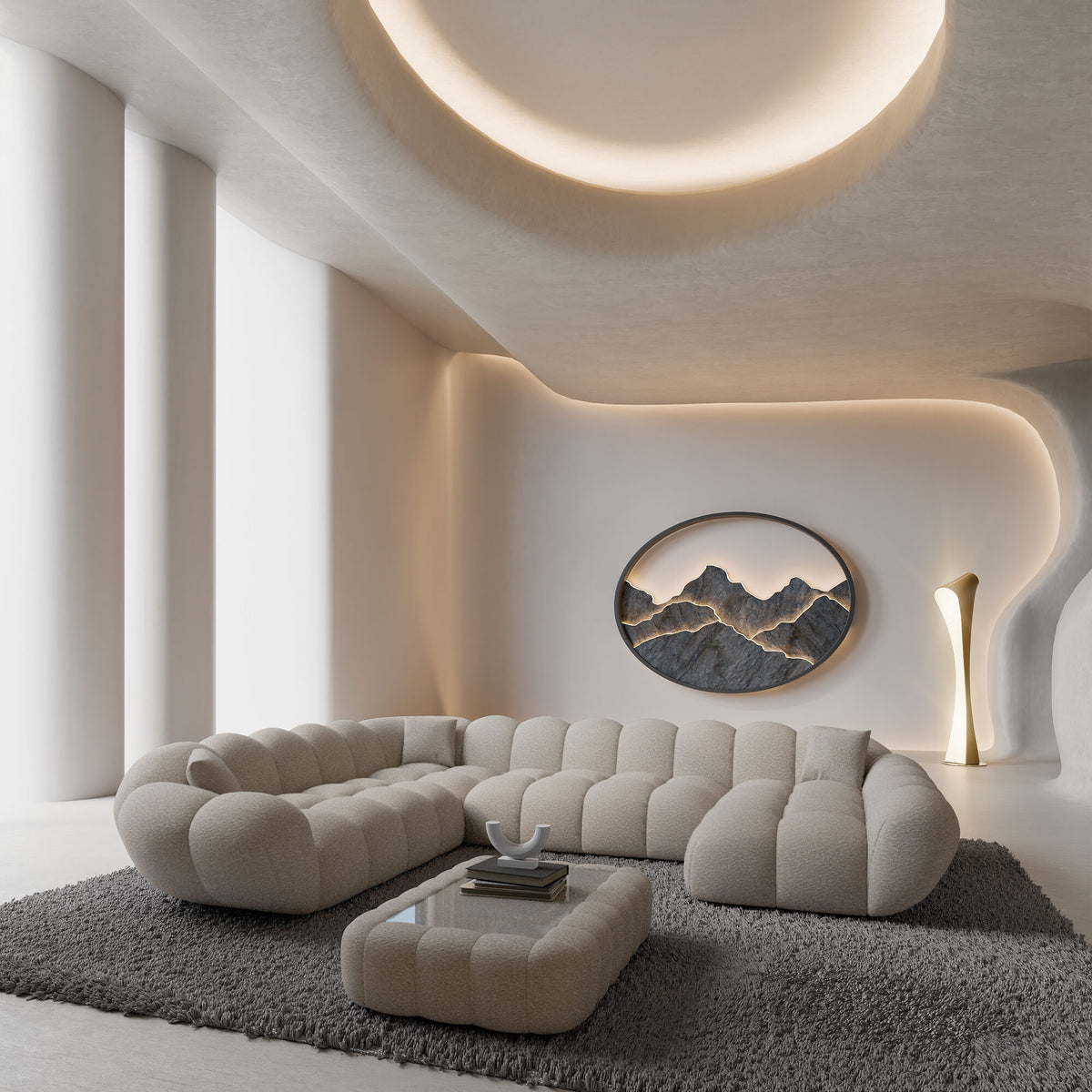 
Divano panoramico di design a 7 posti «Levante XXL» con rivestimento in bouclé - Bouclé Toffee / Lato lungo a sinistra
