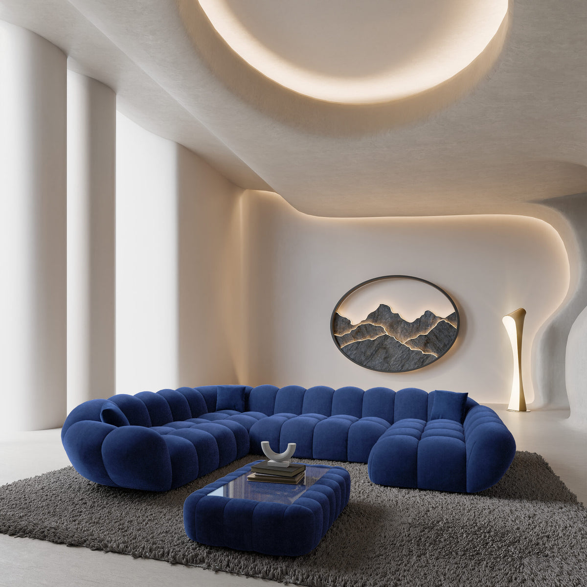 
7-seat designer panoramic sofa “Levante XXL” with velvet upholstery - Velvet cover Royal Blue / Long side left