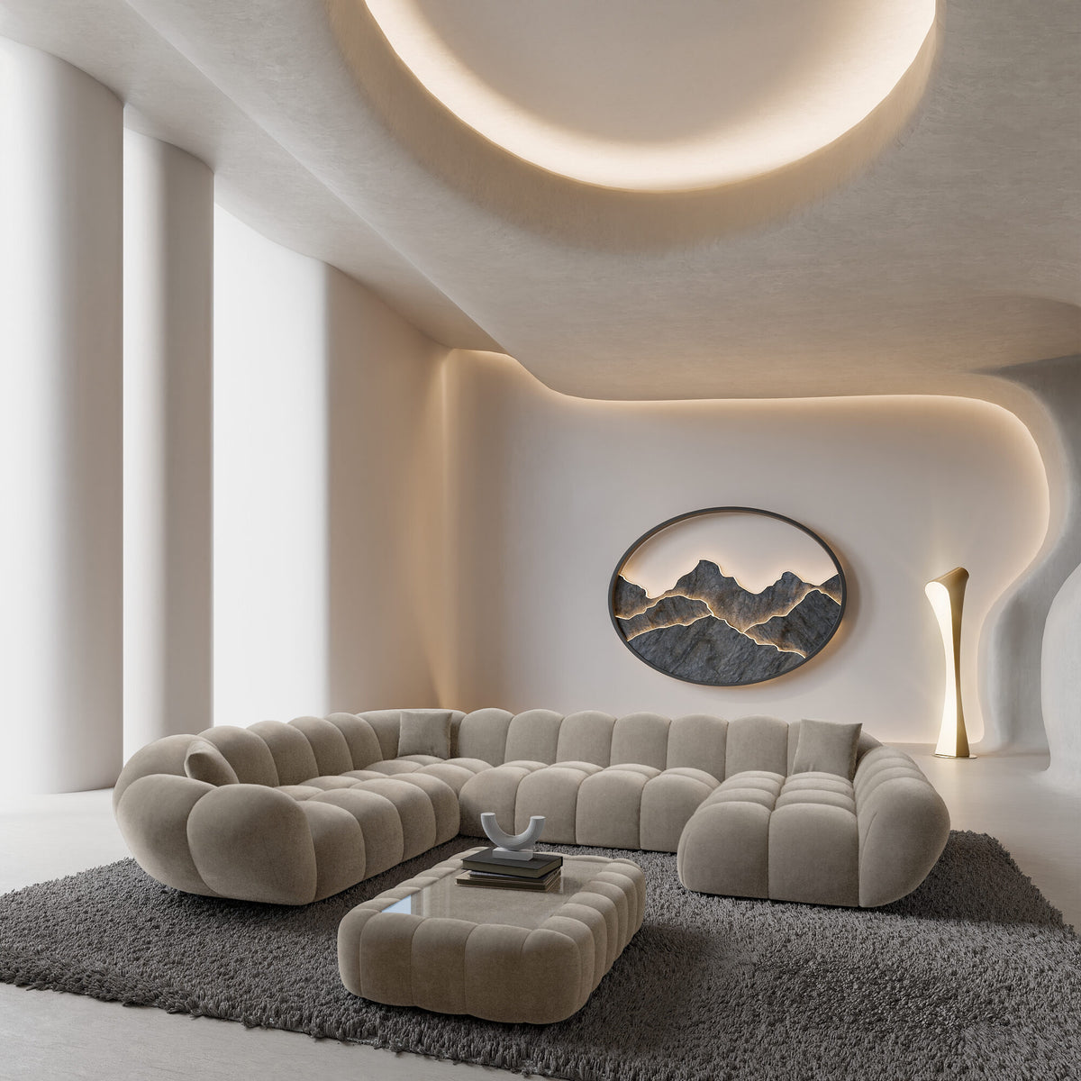 
Divano panoramico di design a 7 posti «Levante XXL» con rivestimento in velluto - Rivestimento in velluto Beige scuro / Lato lungo a sinistra