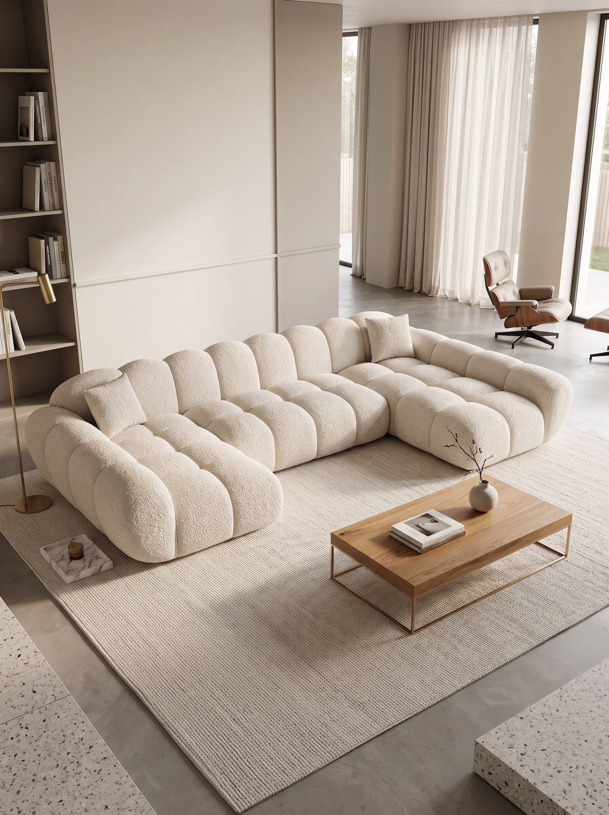 
6-seat designer panoramic sofa “Levante Studio” with bouclé upholstery - Bouclé Toffee
