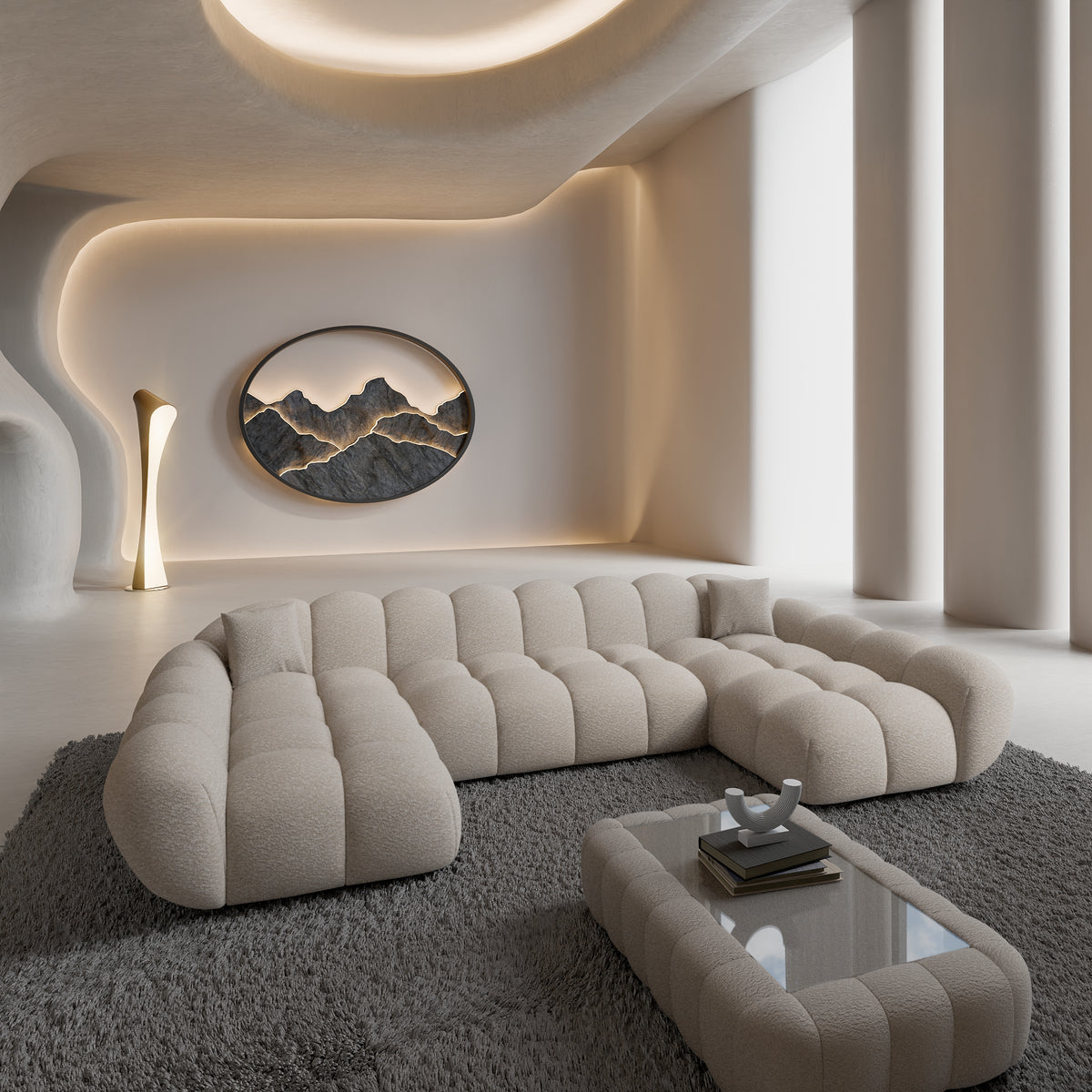 
Divano panoramico di design a 6 posti «Levante Studio» con rivestimento in bouclé - Bouclé Toffee