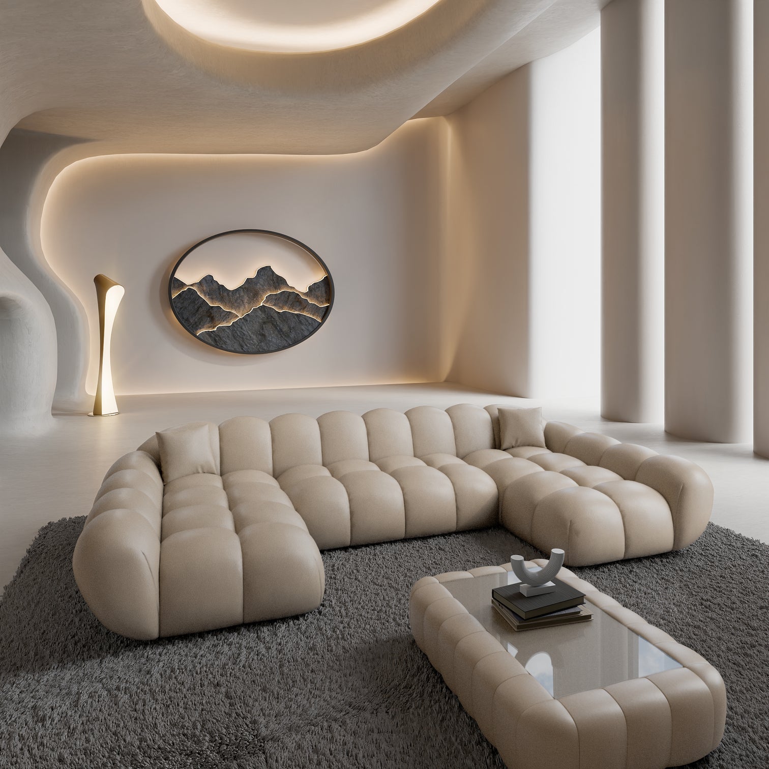 
6-Sitzer Design Echtleder Panorama-Sofa „Levante Studio“ - Echtleder Beige