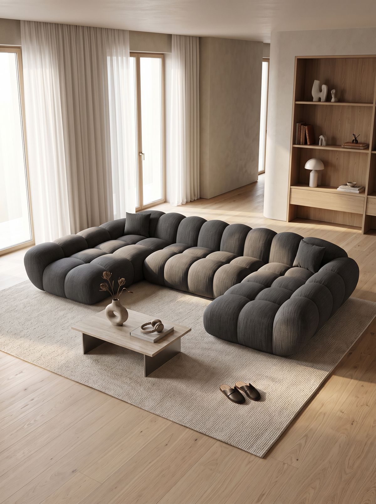 
Divano panoramico di design a 6 posti «Levante Studio» con rivestimento in tessuto strutturato - Tessuto strutturato Antracite