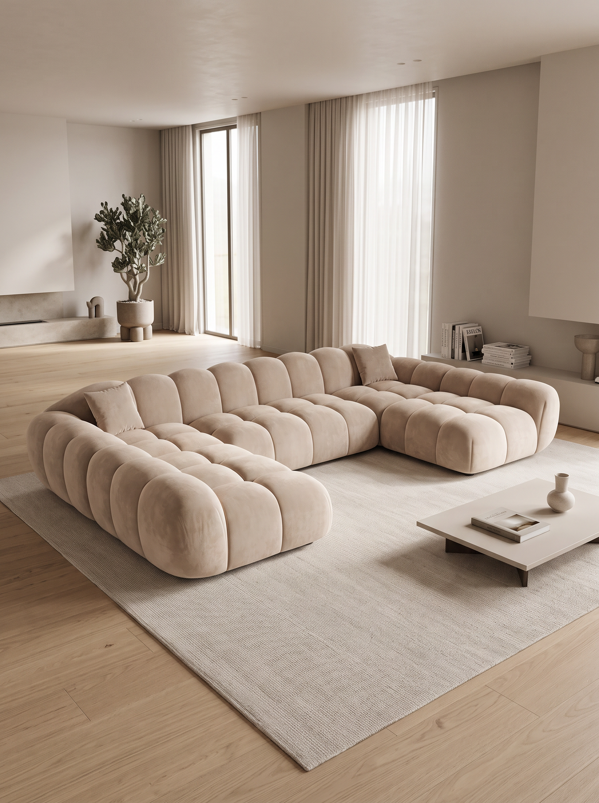 
6-seat designer panoramic sofa “Levante Studio” with velvet upholstery - Velvet cover Beige
