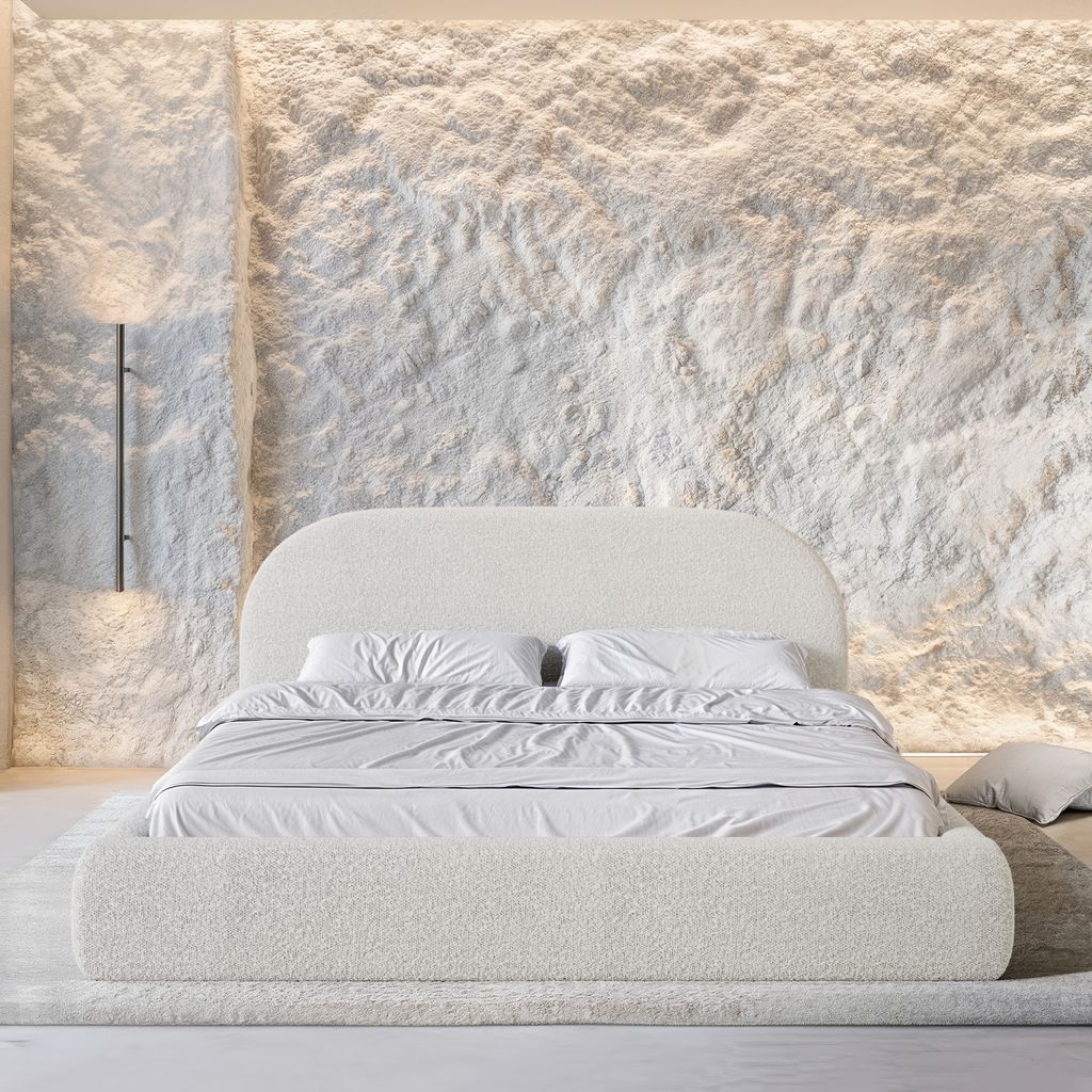 
Design Polsterbett „Zahra“ mit Ablagefach, Bouclé Weiss - 140 x 200 cm