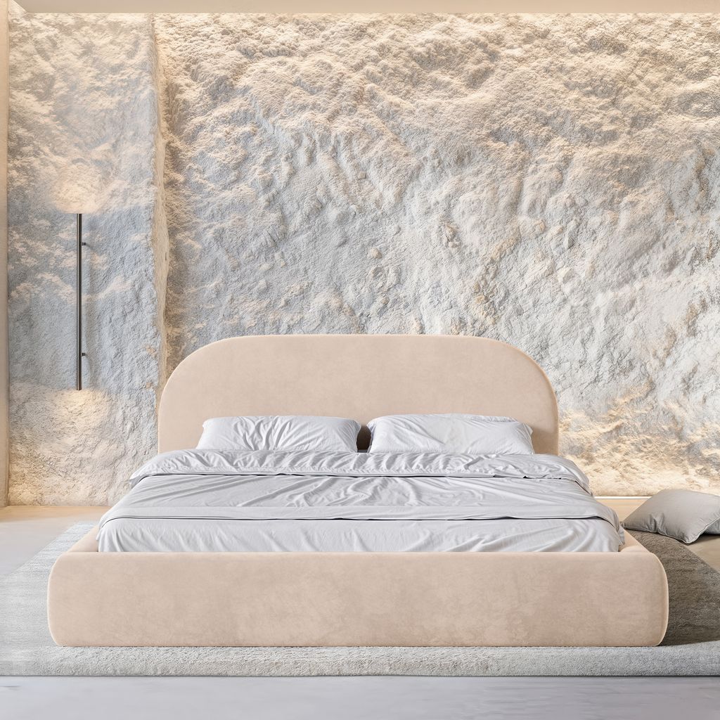 
Design Polsterbett „Zahra“ mit Ablagefach, Samt Beige - 140 x 200 cm