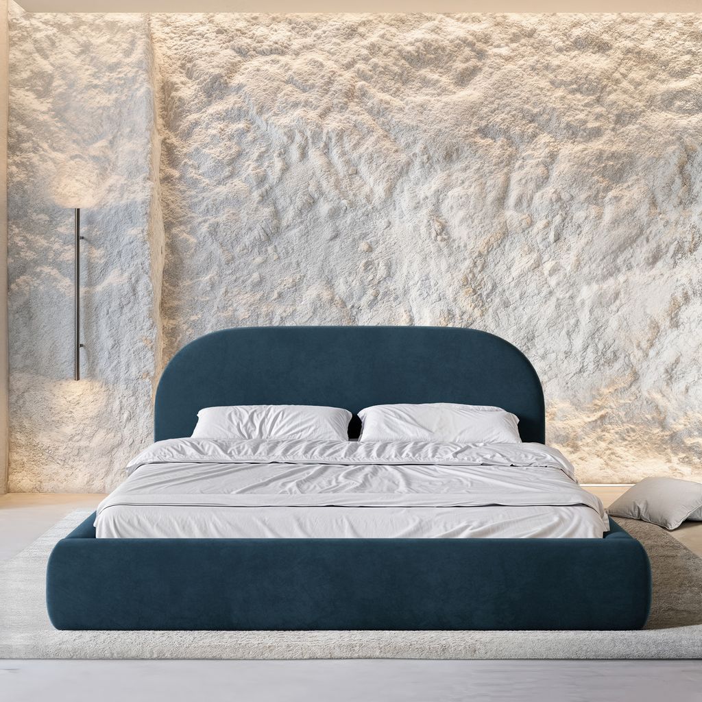 
Design Polsterbett „Zahra“ mit Ablagefach, Samt Dunkelblau - 140 x 200 cm