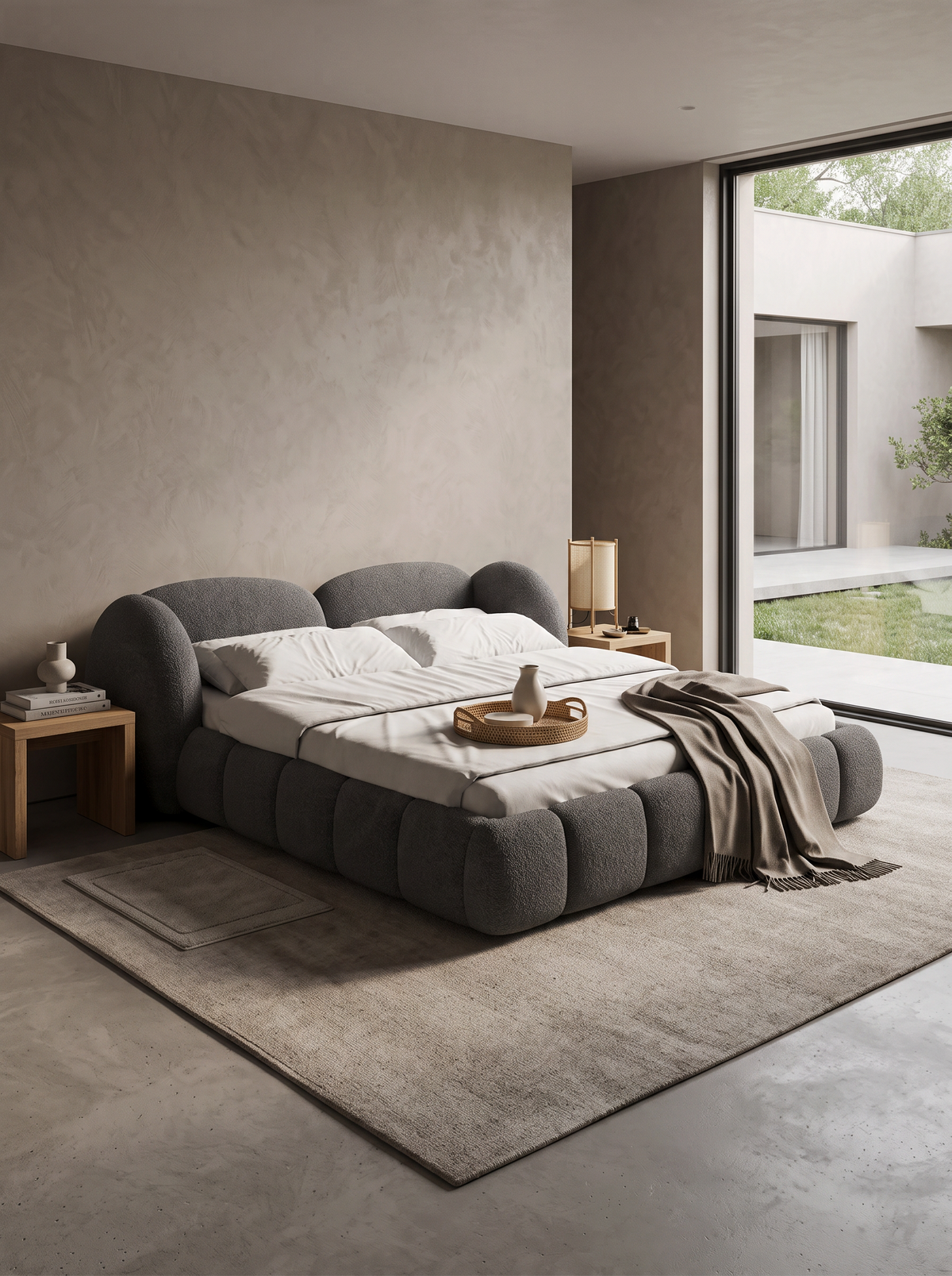 
Design Polsterbett „Amara“ mit Ablagefach, Bouclé Graphit - 140 x 200 cm