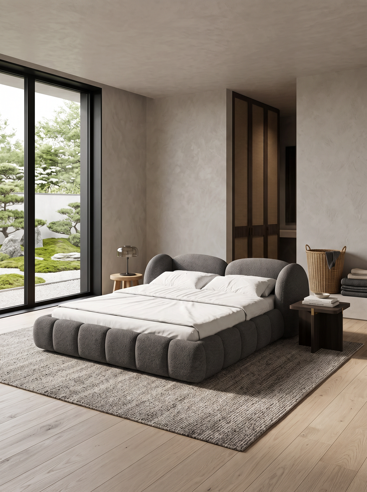 
Design Polsterbett „Amara“ mit Ablagefach, Bouclé Graphit - 140 x 200 cm