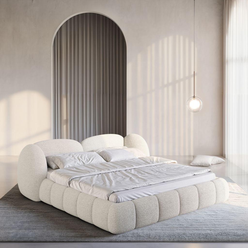 
Design Polsterbett „Amara“ mit Ablagefach, Bouclé Weiss - 140 x 200 cm