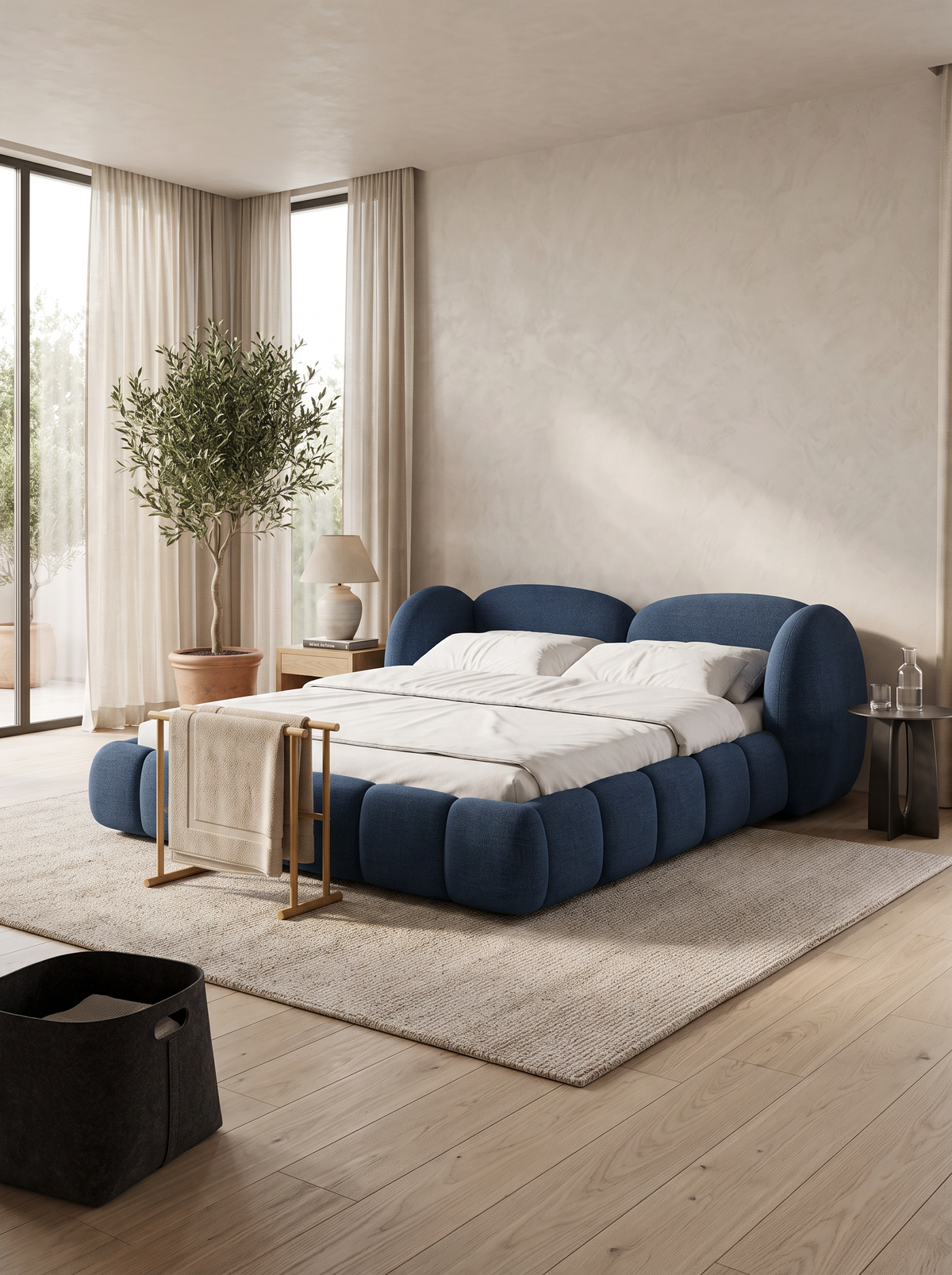 
Design Polsterbett „Amara“ mit Ablagefach, Webstoff Dunkelblau - 140 x 200 cm