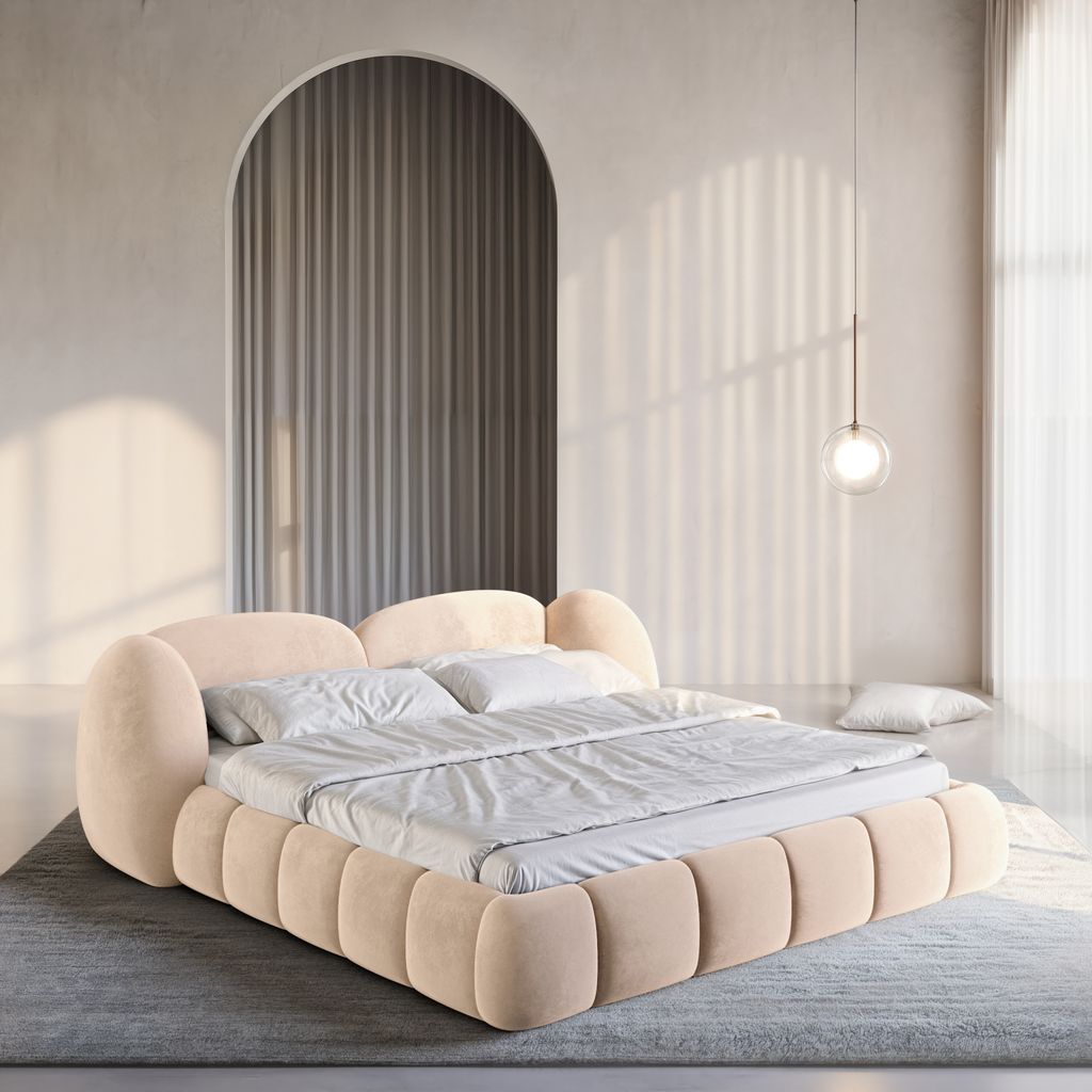 
Design Polsterbett „Amara“ mit Ablagefach, Samt Beige - 140 x 200 cm