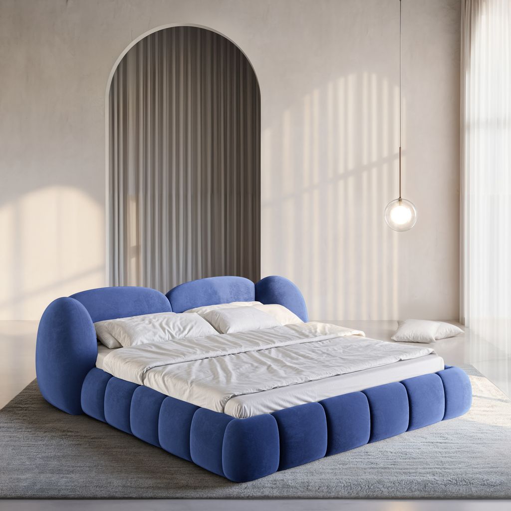 
Design Polsterbett „Amara“ mit Ablagefach, Samt Blau - 140 x 200 cm