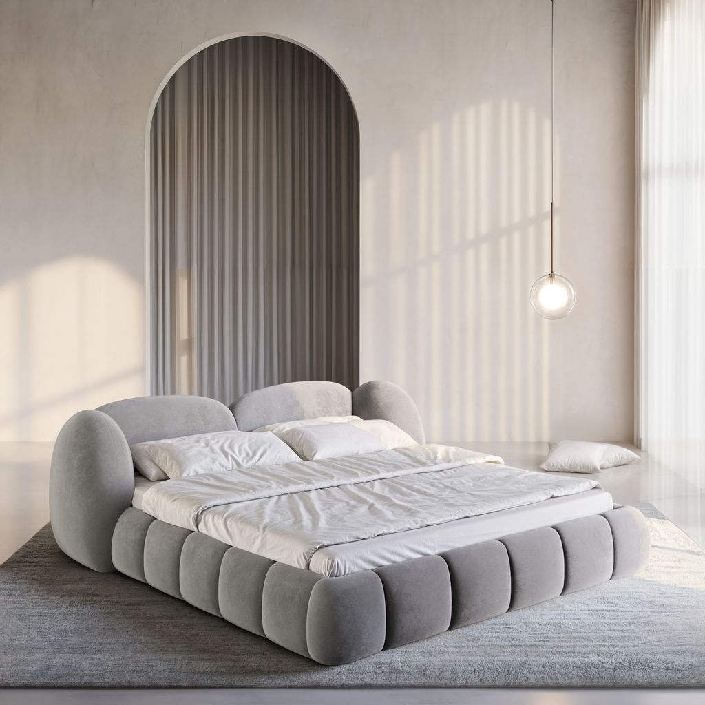 
Design Polsterbett „Amara“ mit Ablagefach, Samt Grau - 140 x 200 cm