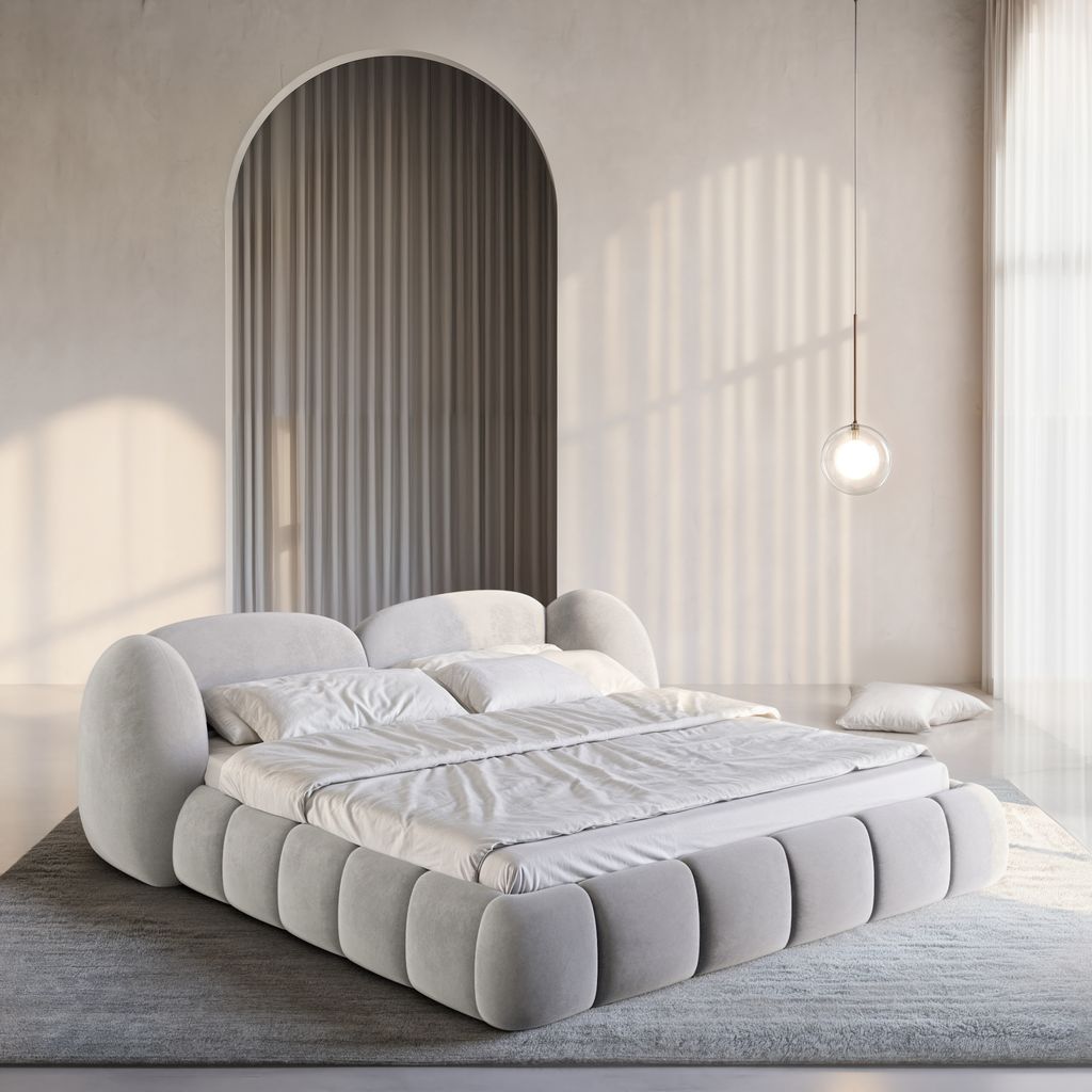 
Design Polsterbett „Amara“ mit Ablagefach, Samt Hellgrau - 140 x 200 cm
