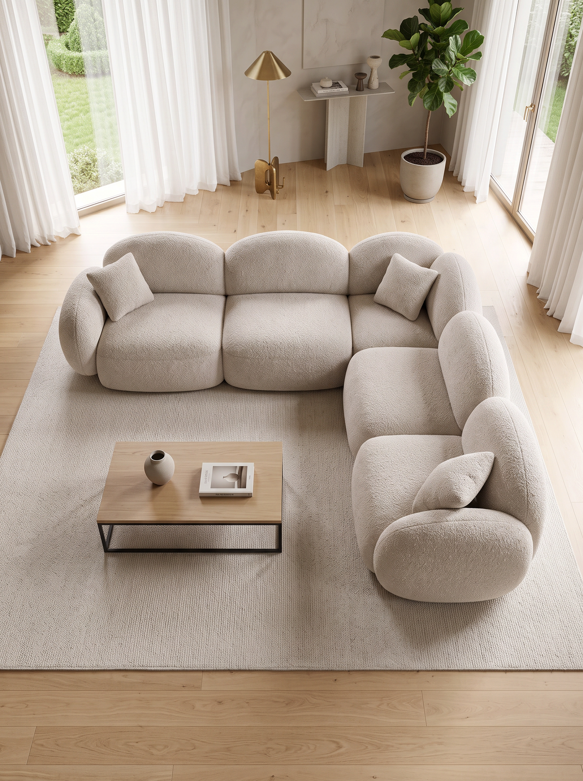 
5-seater designer corner sofa “Varello” with bouclé upholstery - Bouclé Toffee