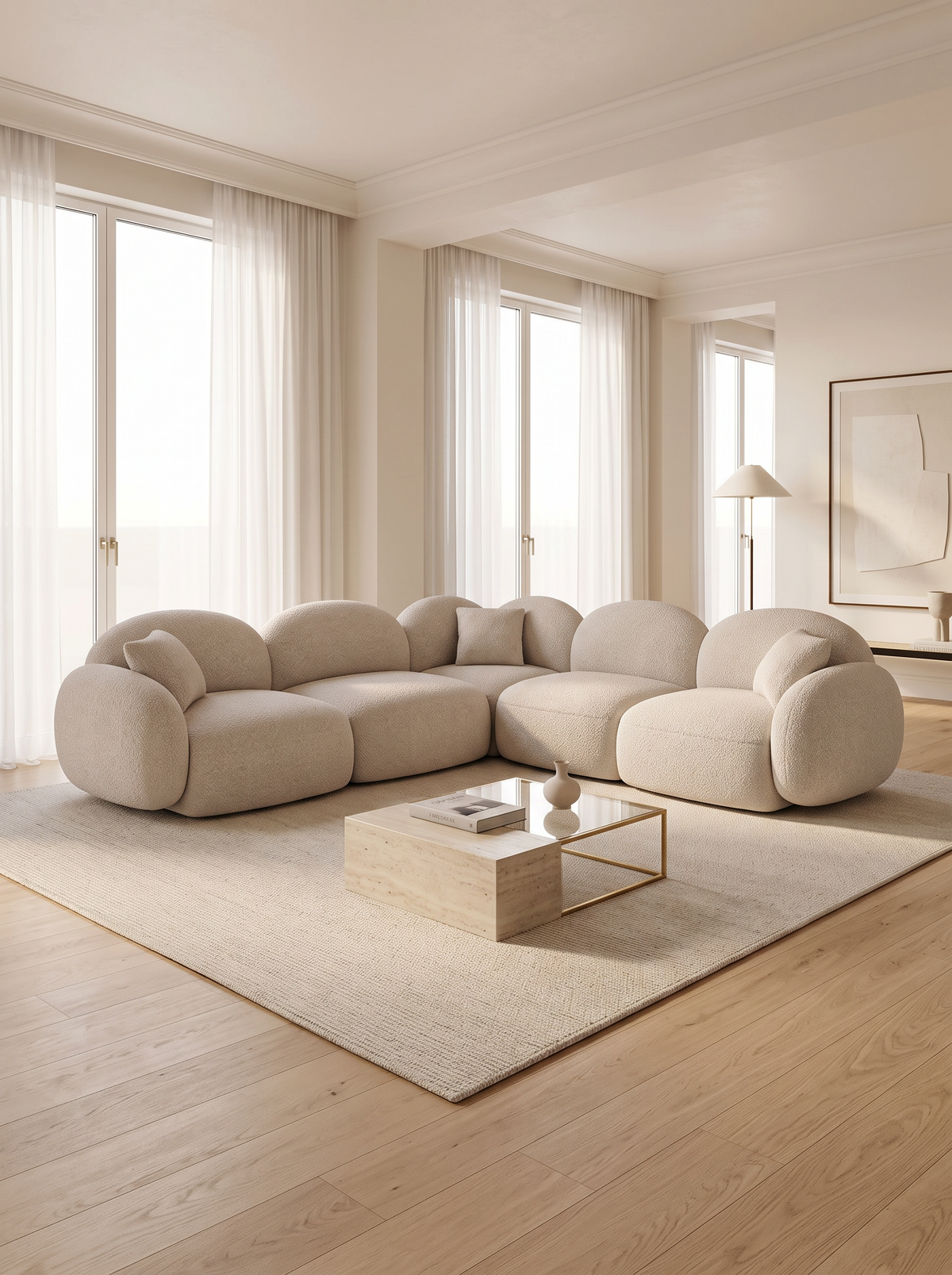
5-seater designer corner sofa “Varello” with bouclé upholstery - Bouclé Toffee