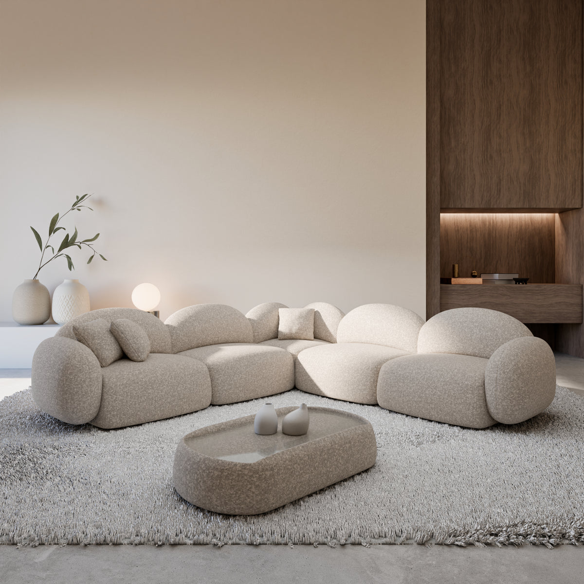 
5-seater designer corner sofa “Varello” with bouclé upholstery - Bouclé Toffee