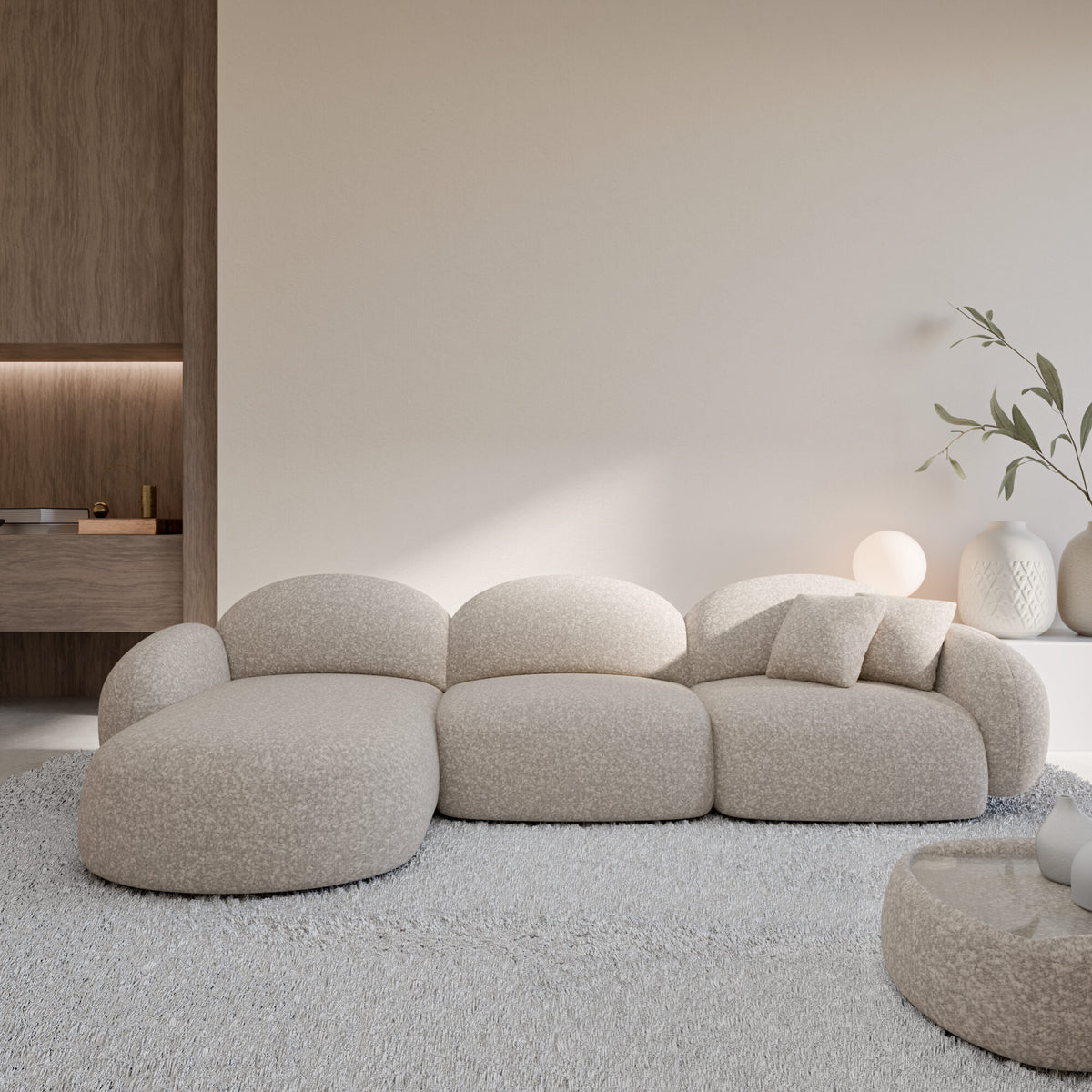 
4-Sitzer Design Ecksofa „Varello“ mit Bouclé-Bezug - Bouclé Toffee / Eckteil links
