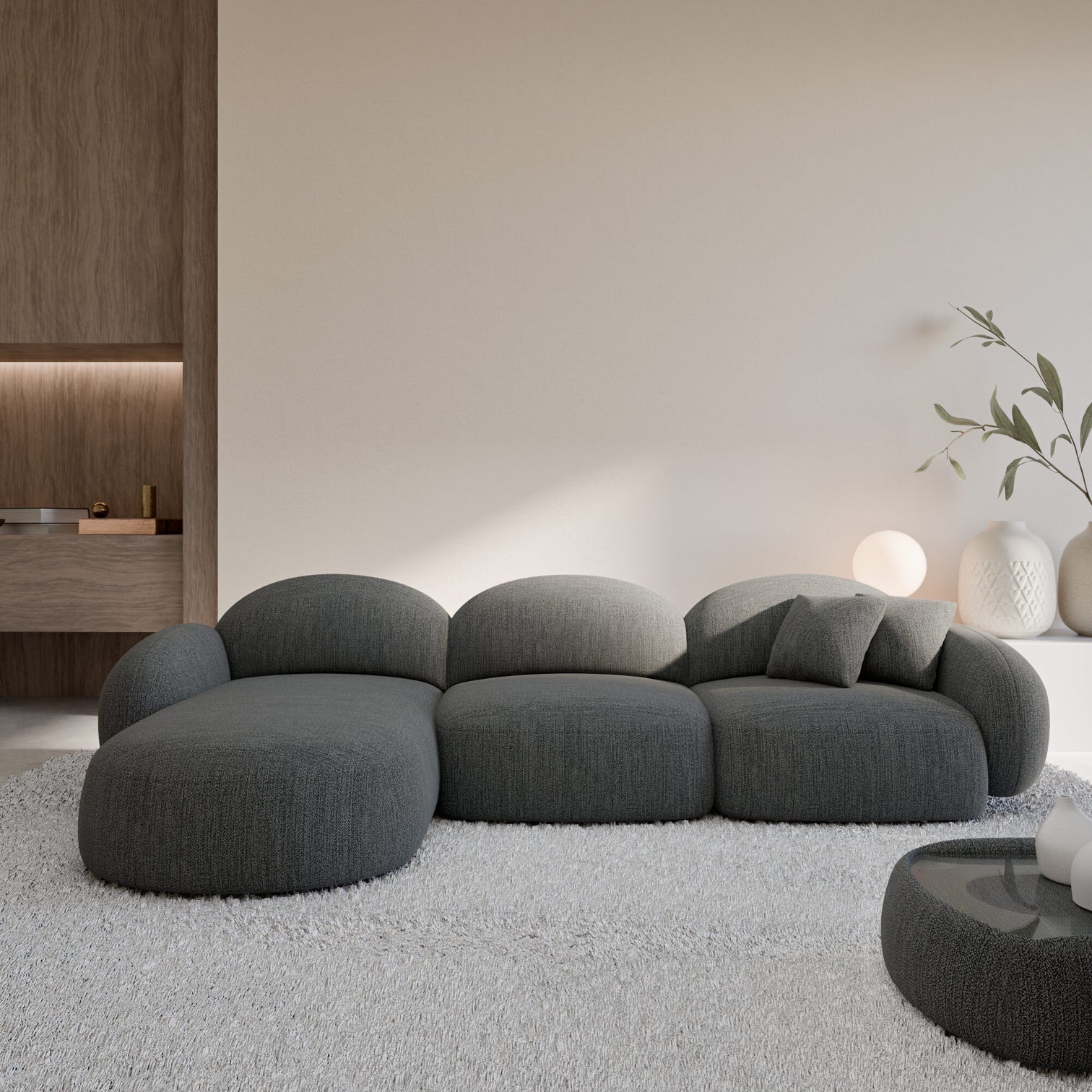 
4-seater designer corner sofa “Varello” with textured fabric upholstery - Textured fabric Anthracite / Left corner section