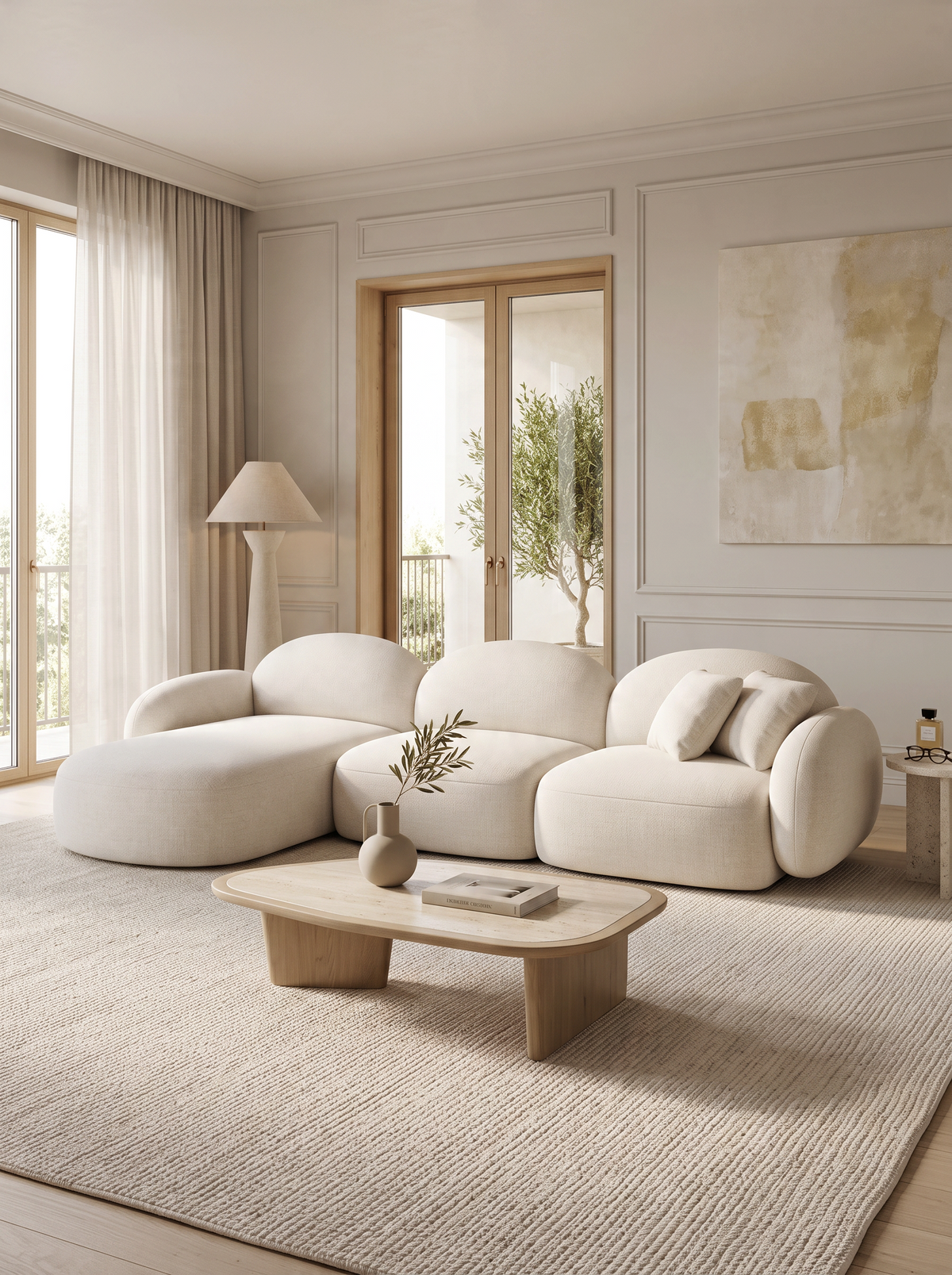 
4-seater designer corner sofa “Varello” with textured fabric upholstery - Textured fabric White / Left corner section