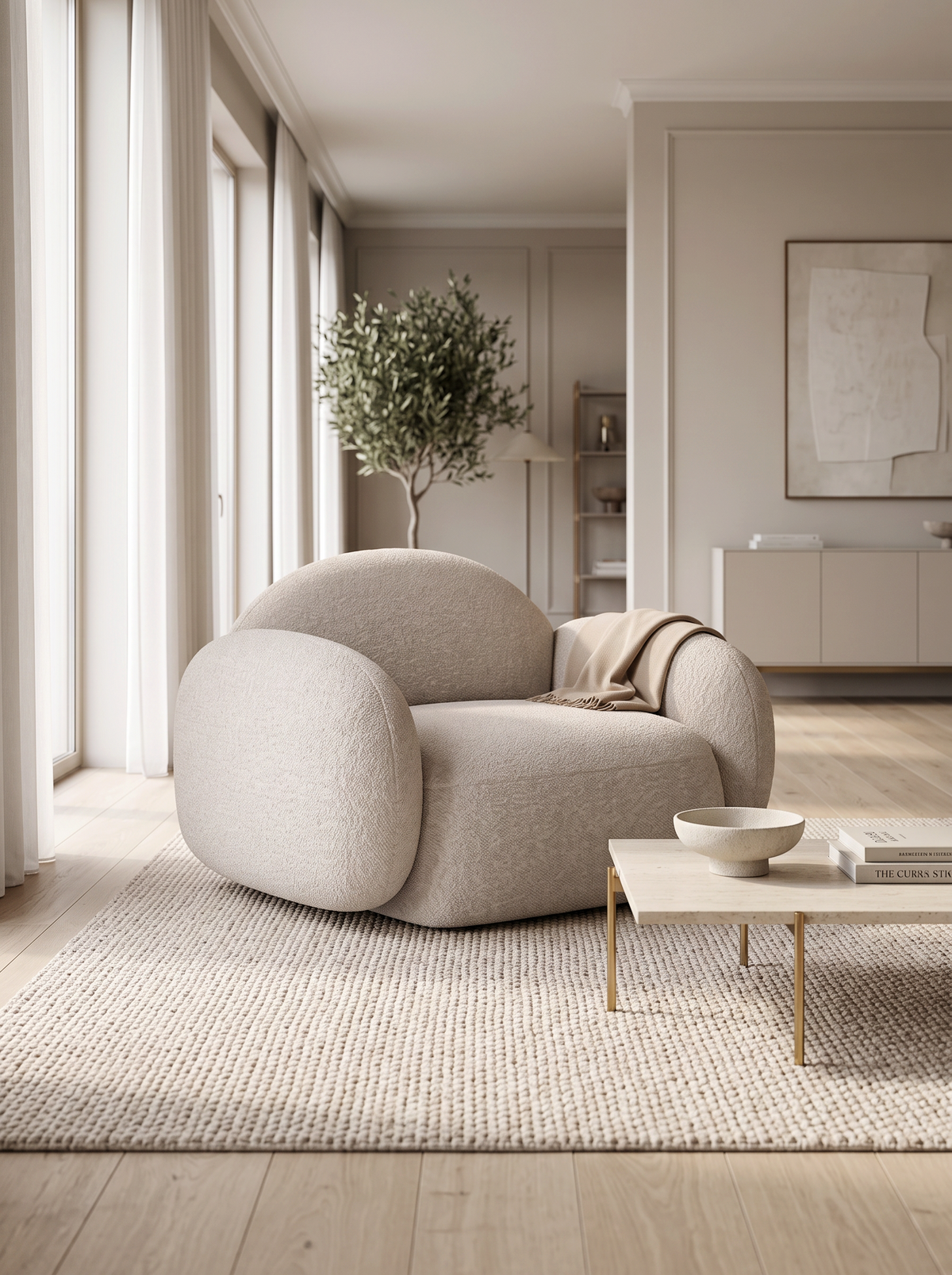
Designer lounge chair “Varello” with bouclé upholstery - Bouclé Toffee