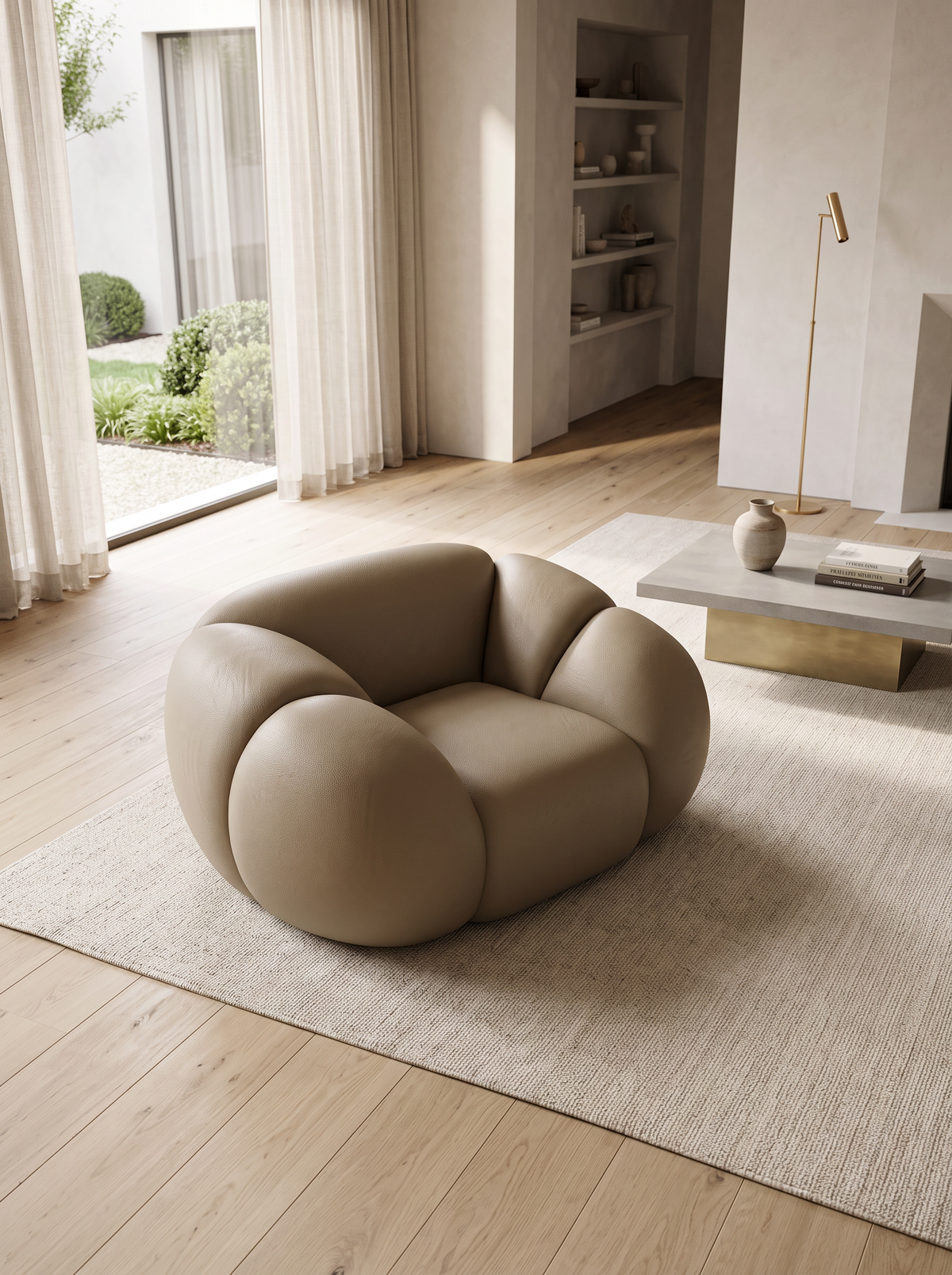 
Fauteuil lounge design en cuir véritable « Varello » - Véritable cuir beige foncé
