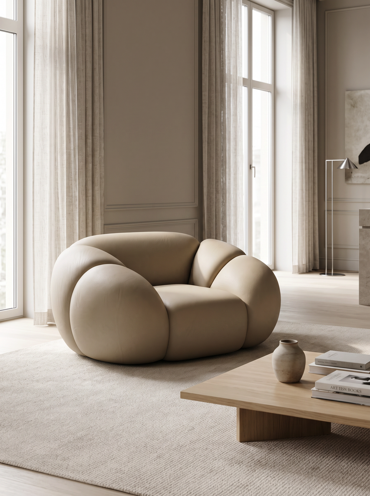 
Fauteuil lounge design en cuir véritable « Varello » - Véritable cuir beige foncé
