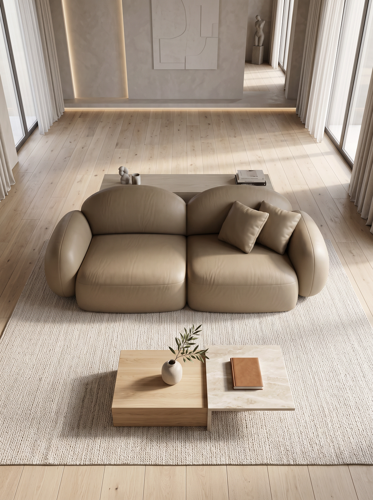 
2-seater designer genuine leather sofa “Varello” - Genuine leather Beige dark