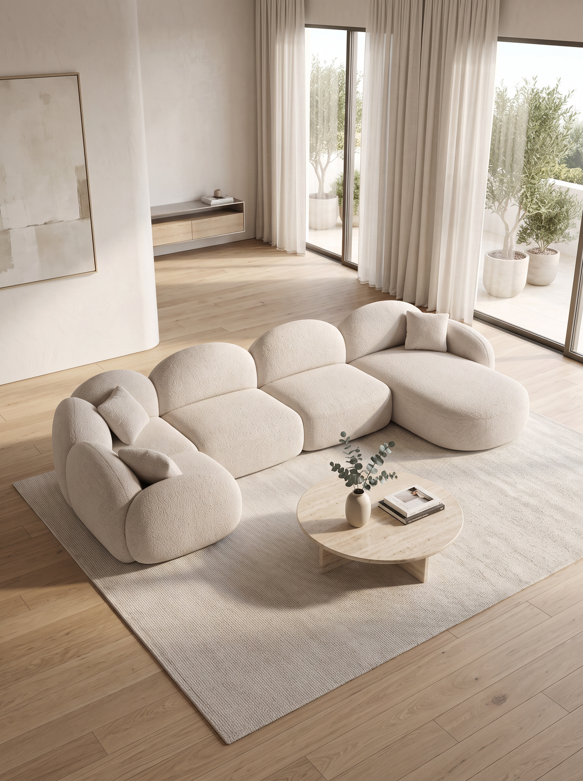
6-seater designer panoramic sofa “Varello XL” with bouclé upholstery - Bouclé Toffee / Long side left