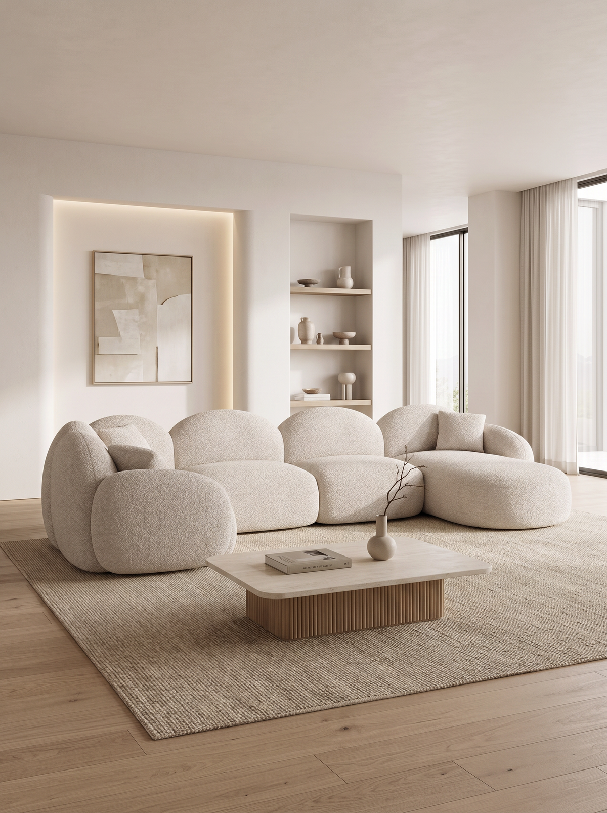 
6-seater designer panoramic sofa “Varello XL” with bouclé upholstery - Bouclé Toffee / Long side left