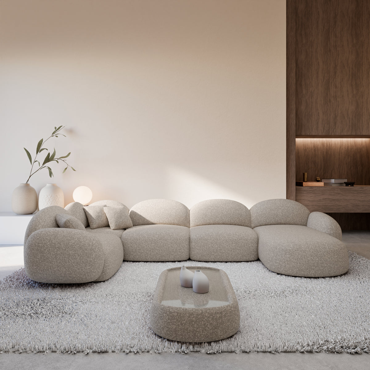 
6-seater designer panoramic sofa “Varello XL” with bouclé upholstery - Bouclé Toffee / Long side left