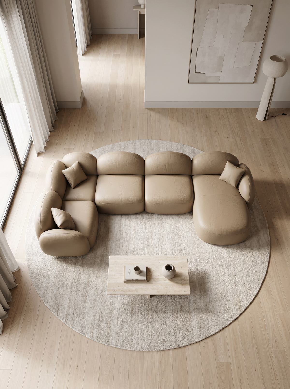 
6-seater designer genuine leather panoramic sofa “Varello XL” - Genuine leather Beige dark / Long side left