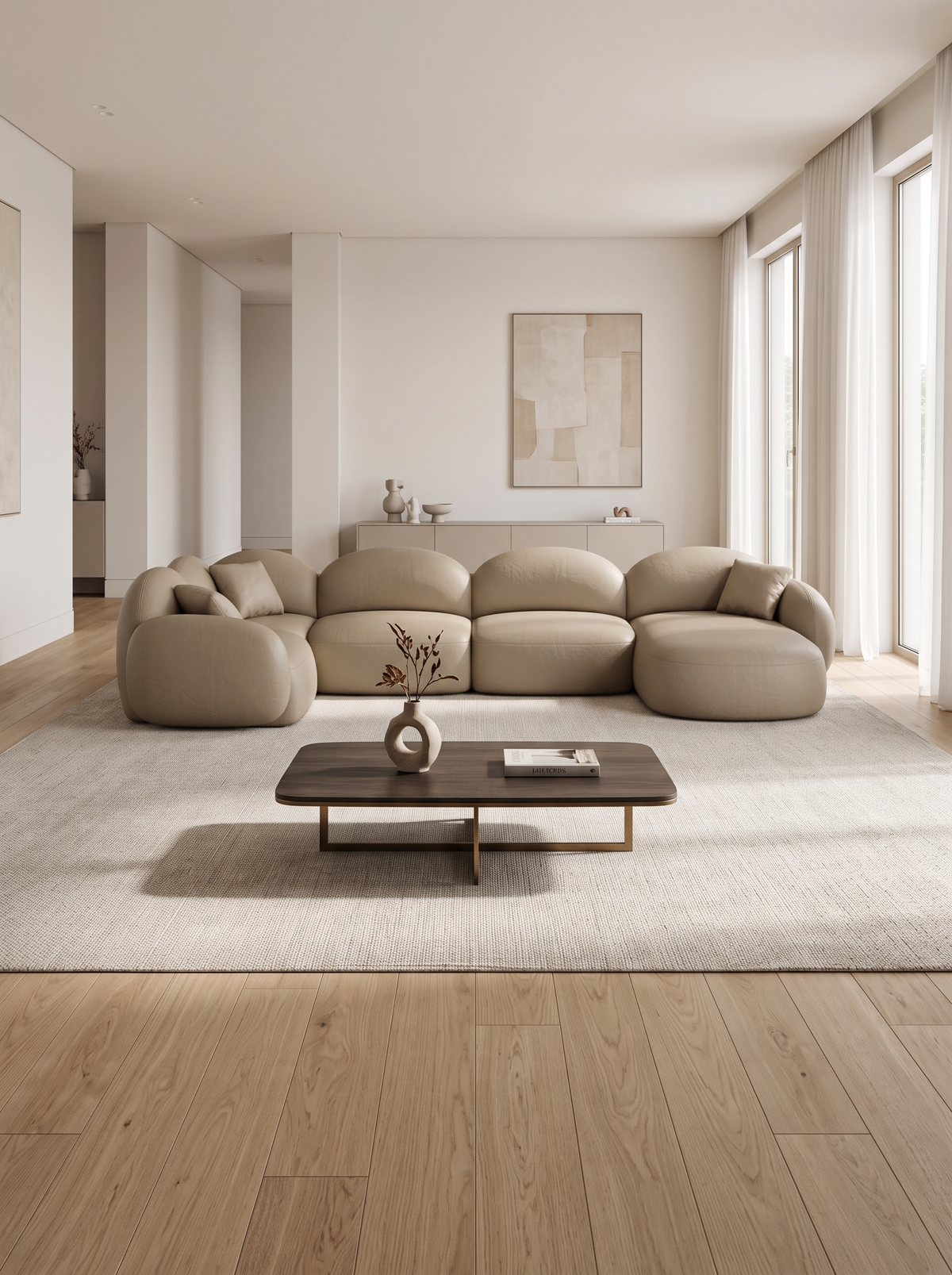 
6-Sitzer Design Echtleder Panorama-Sofa „Varello XL“ - Echtleder Beige dunkel / Lange Seite links