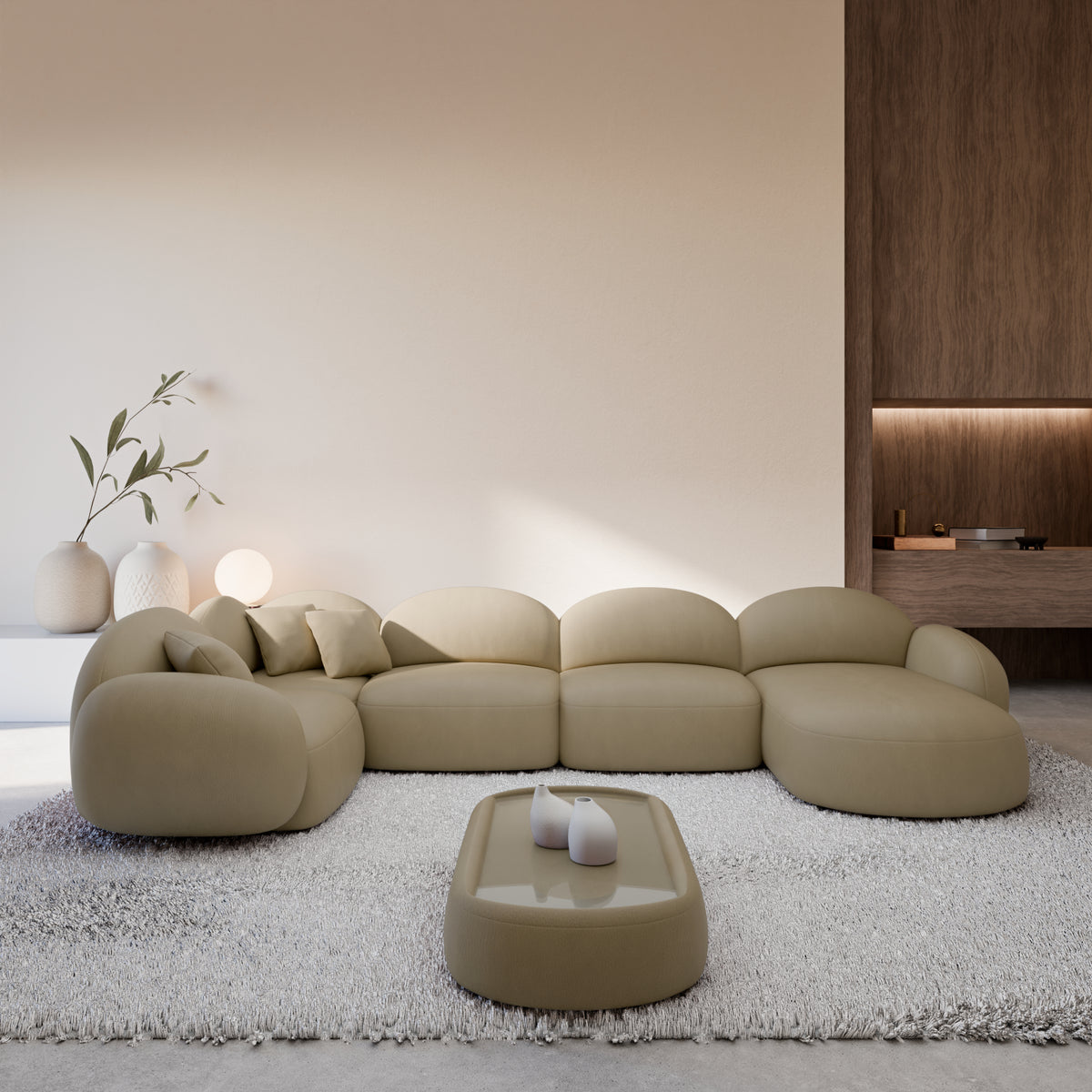 
6-Sitzer Design Echtleder Panorama-Sofa „Varello XL“ - Echtleder Beige dunkel / Lange Seite links