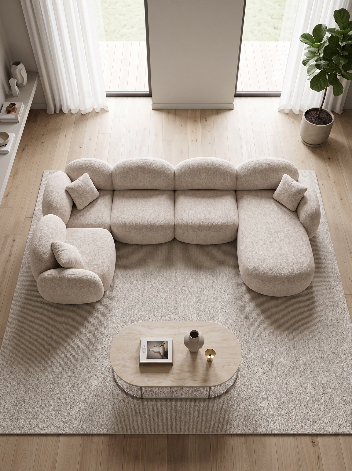 
6-Sitzer Design Panorama-Sofa „Varello XL“ mit Strukturstoff-Bezug - Strukturstoff Beige / Lange Seite links