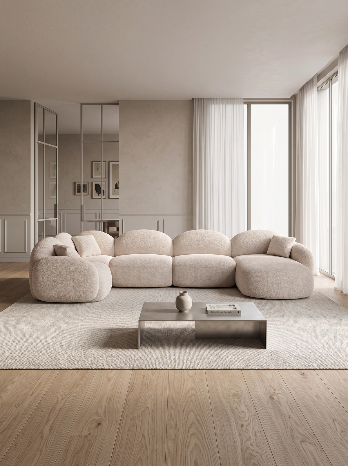 
6-Sitzer Design Panorama-Sofa „Varello XL“ mit Strukturstoff-Bezug - Strukturstoff Beige / Lange Seite links