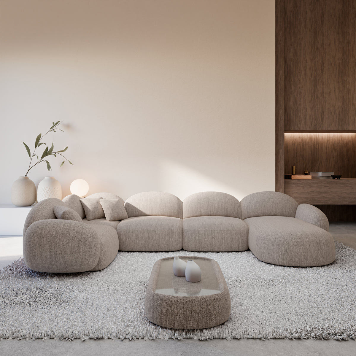 
6-Sitzer Design Panorama-Sofa „Varello XL“ mit Strukturstoff-Bezug - Strukturstoff Beige / Lange Seite links