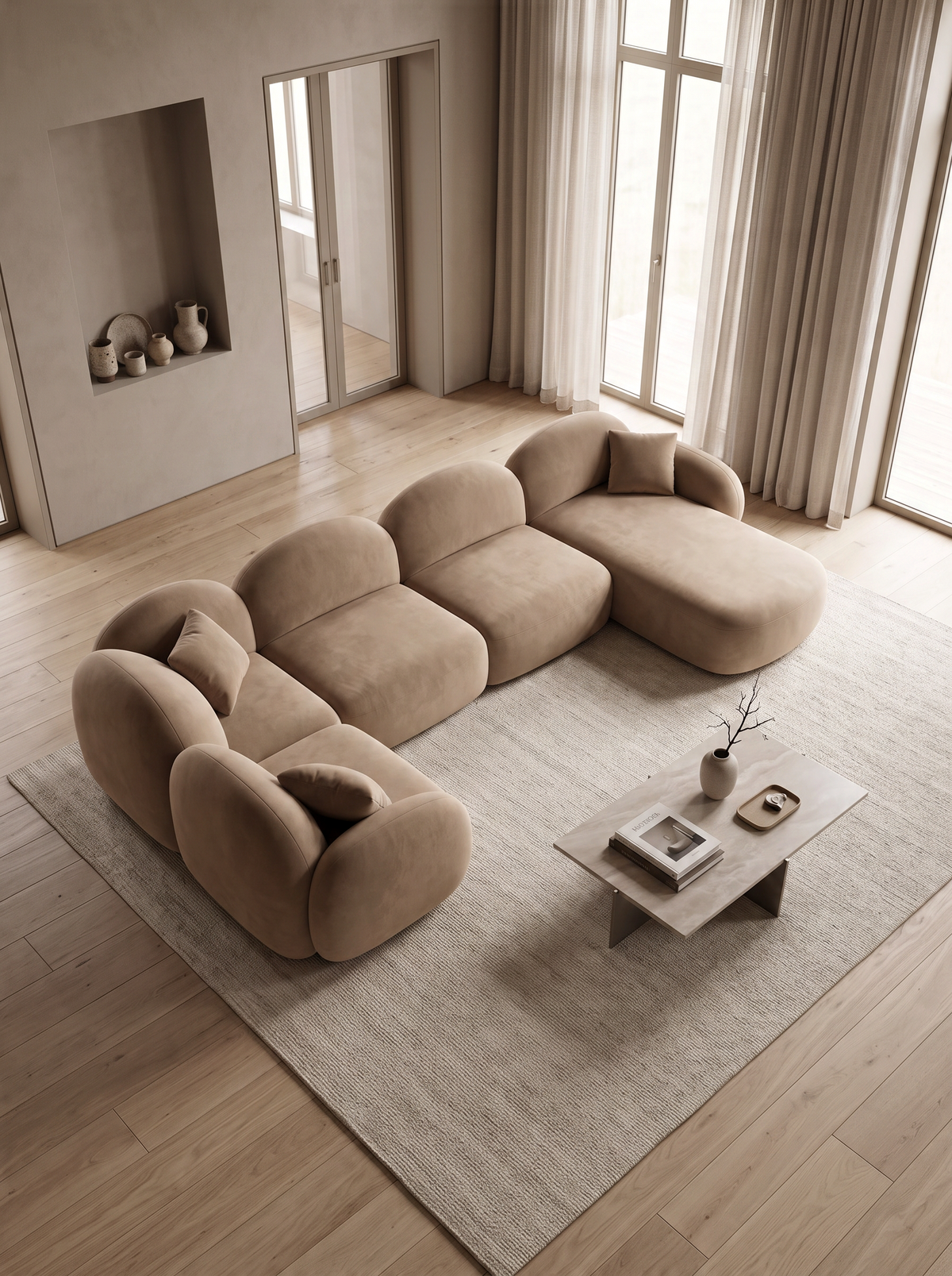 
6-seater designer panoramic sofa “Varello XL” with velvet upholstery - Velvet cover Brown / Long side left