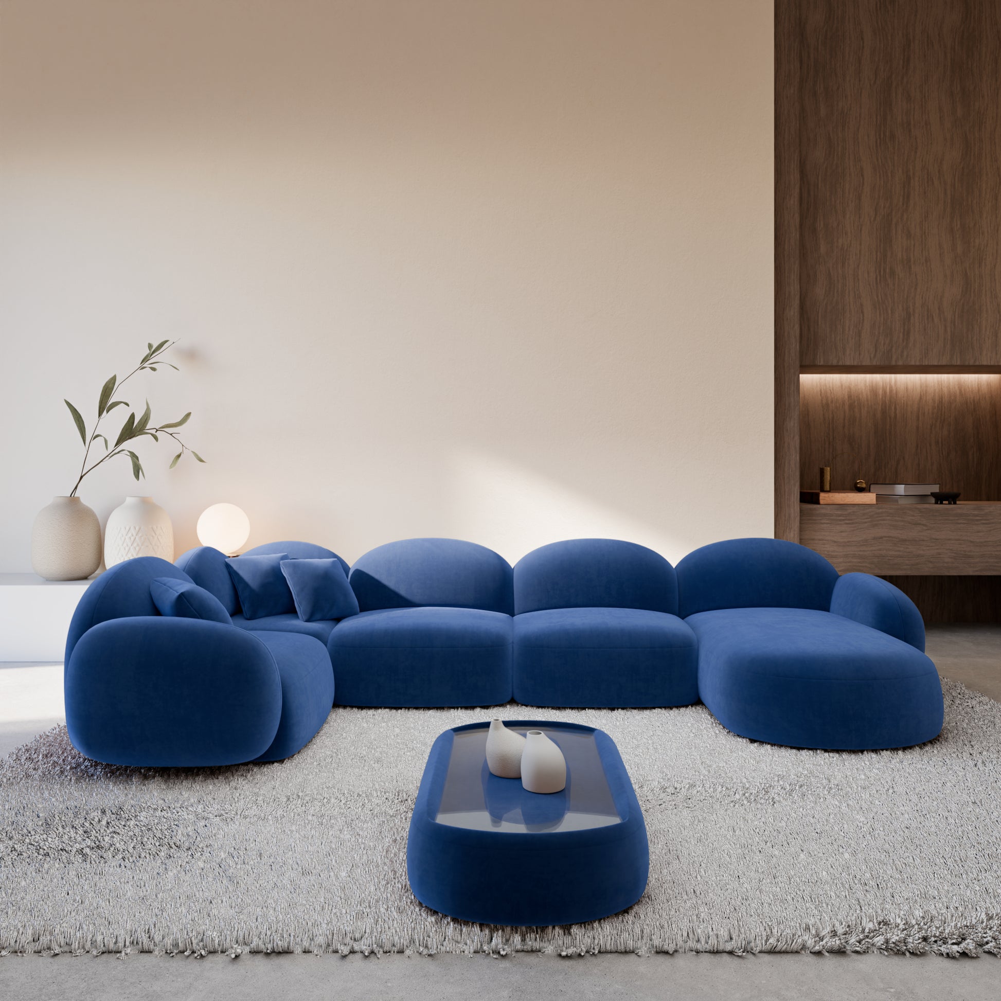 
6-Sitzer Design Panorama-Sofa „Varello XL“ mit Samtbezug - Samtbezug Königsblau / Lange Seite links