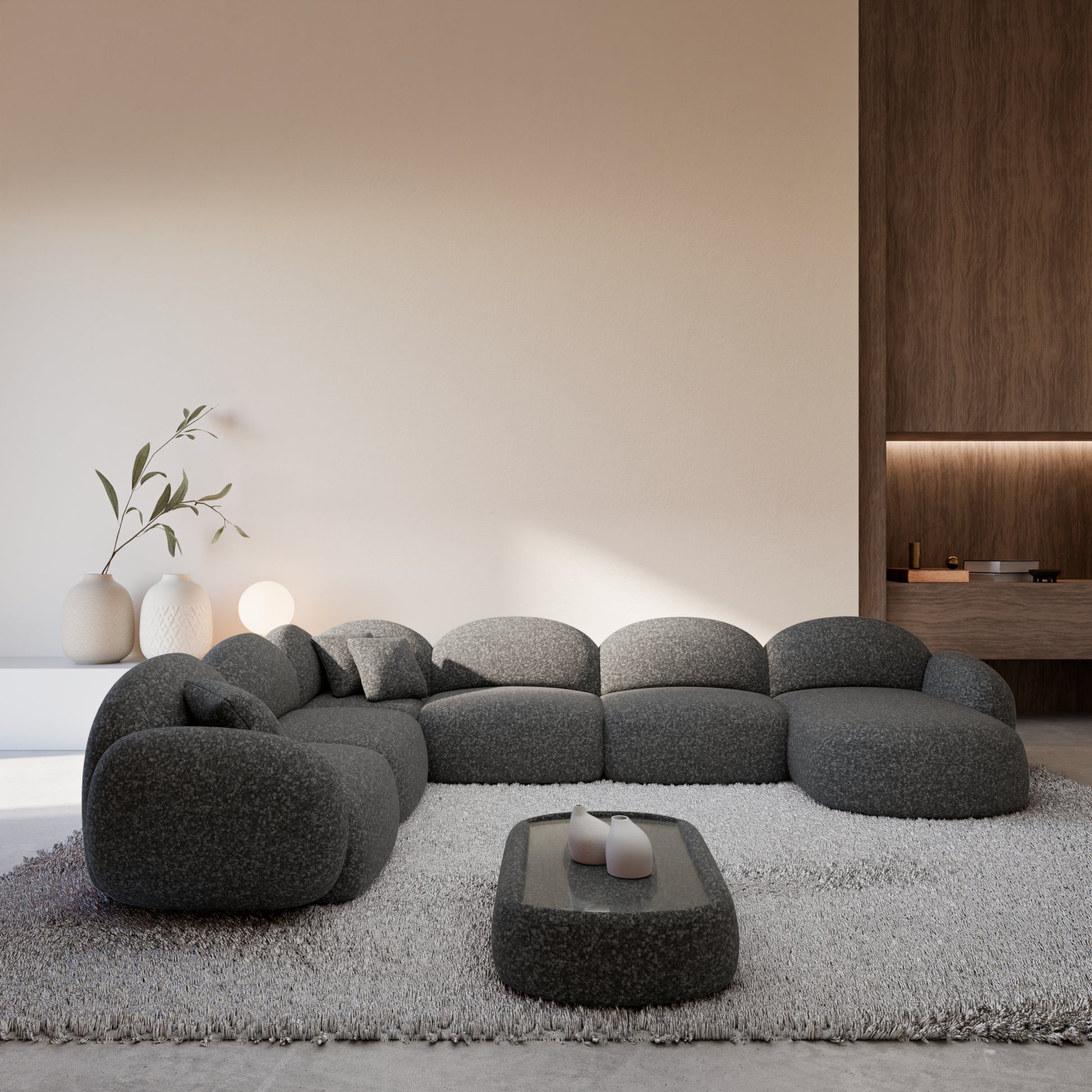 
7-Sitzer Design Panorama-Sofa „Varello XXL“ mit Bouclé-Bezug - Bouclé Graphit / Lange Seite links