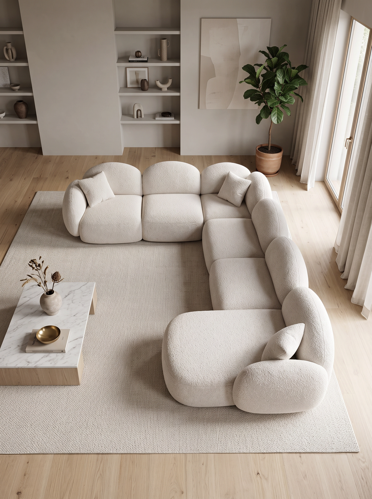
7-seater designer panoramic sofa “Varello XXL” with bouclé upholstery - Bouclé Toffee / Long side left