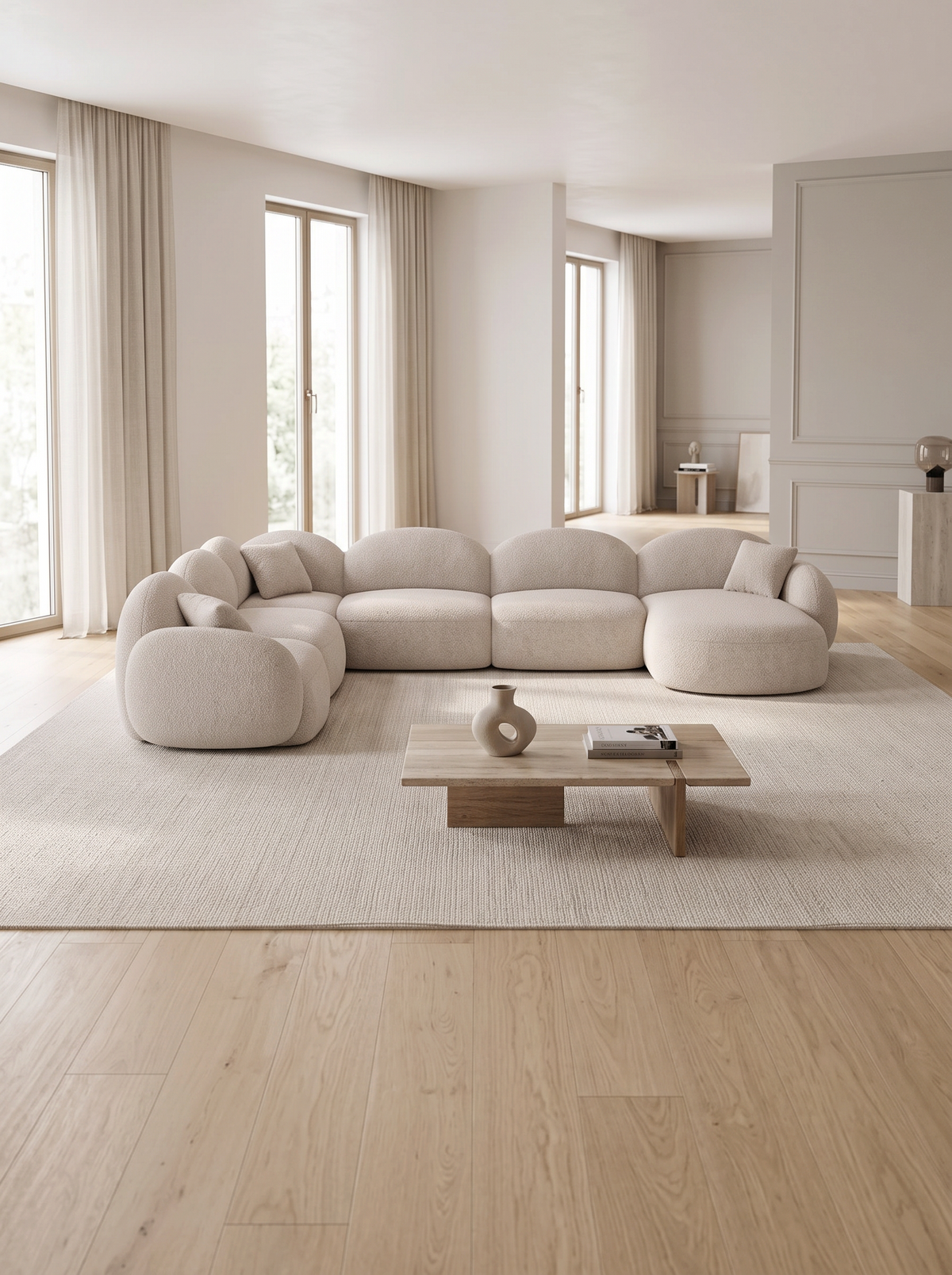 
7-seater designer panoramic sofa “Varello XXL” with bouclé upholstery - Bouclé Toffee / Long side left