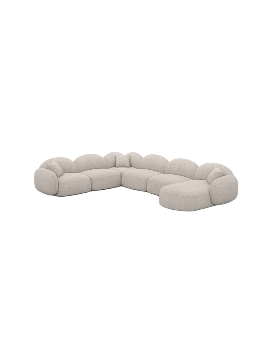 
7-seater designer panoramic sofa “Varello XXL” with bouclé upholstery - Bouclé Toffee / Long side left