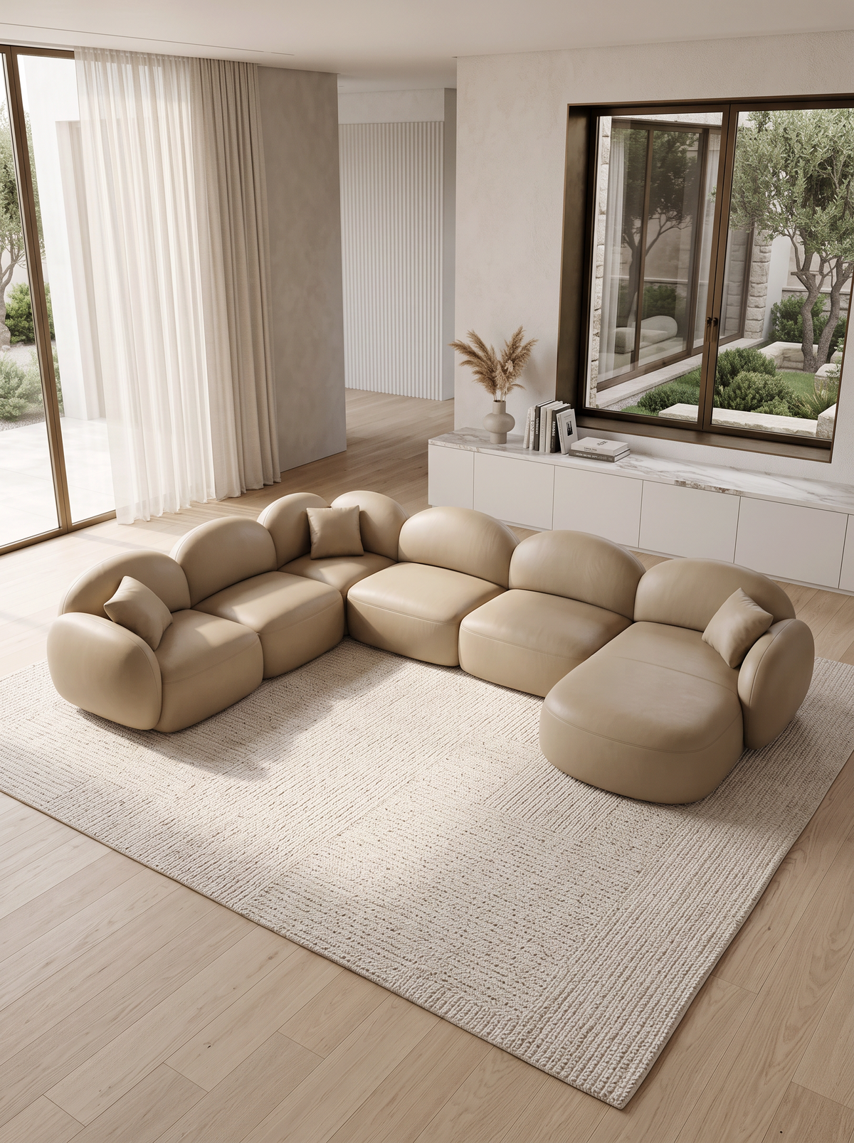 
7-seater designer genuine leather panoramic sofa “Varello XXL” - Genuine leather Beige dark / Long side left