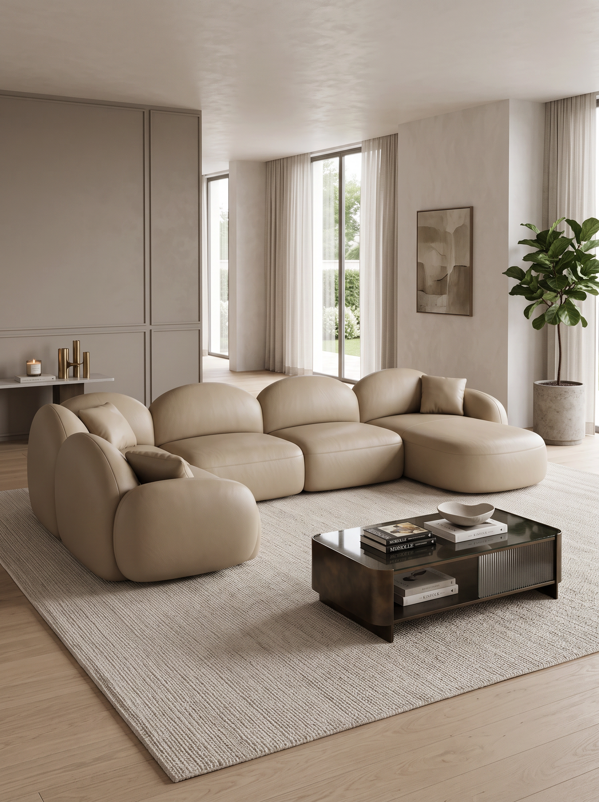 
Canapé panoramique design 7 places en cuir véritable « Varello XXL » - Véritable cuir beige foncé / Côté long gauche