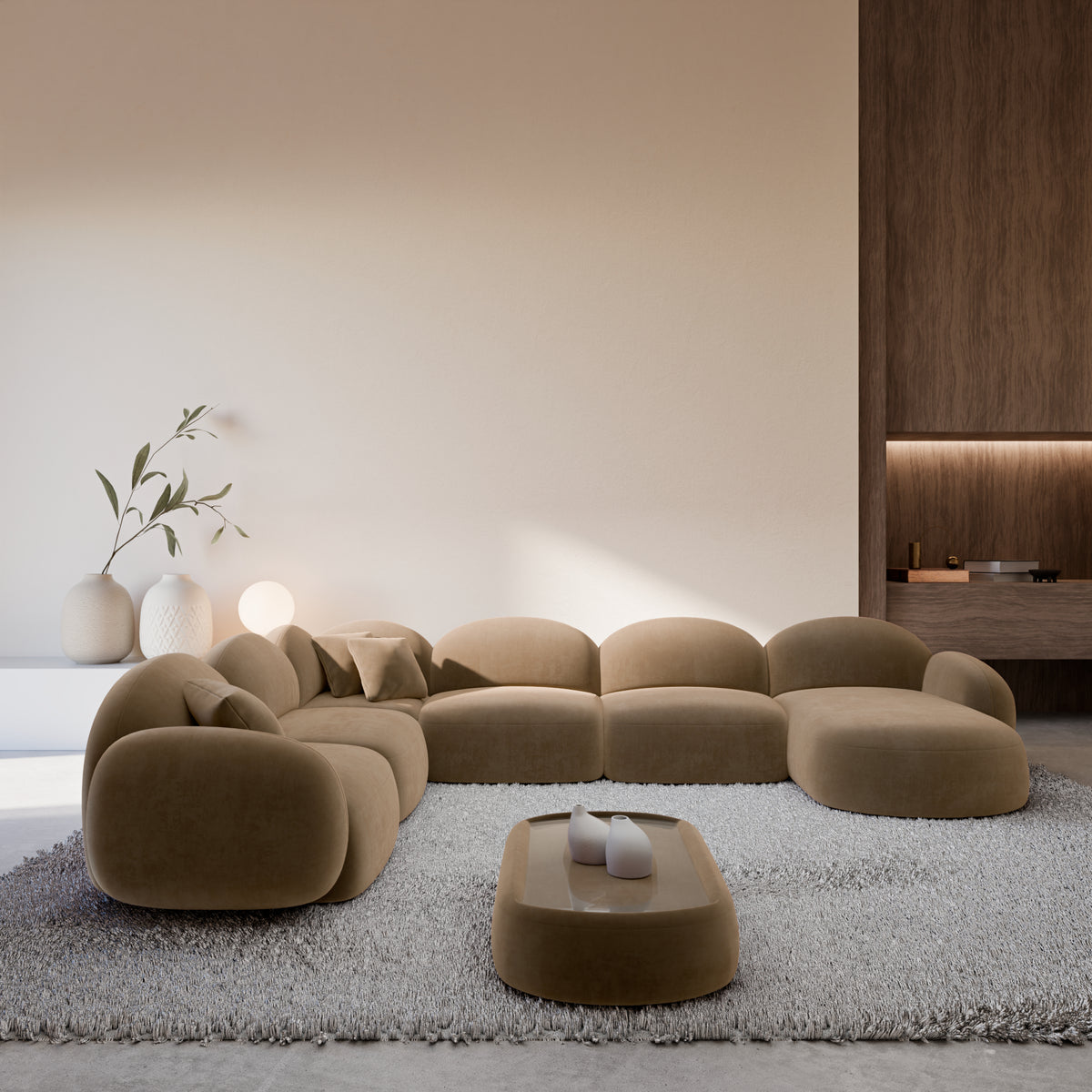 
7-Sitzer Design Panorama-Sofa „Varello XXL“ mit Samtbezug - Samtbezug Braun / Lange Seite links