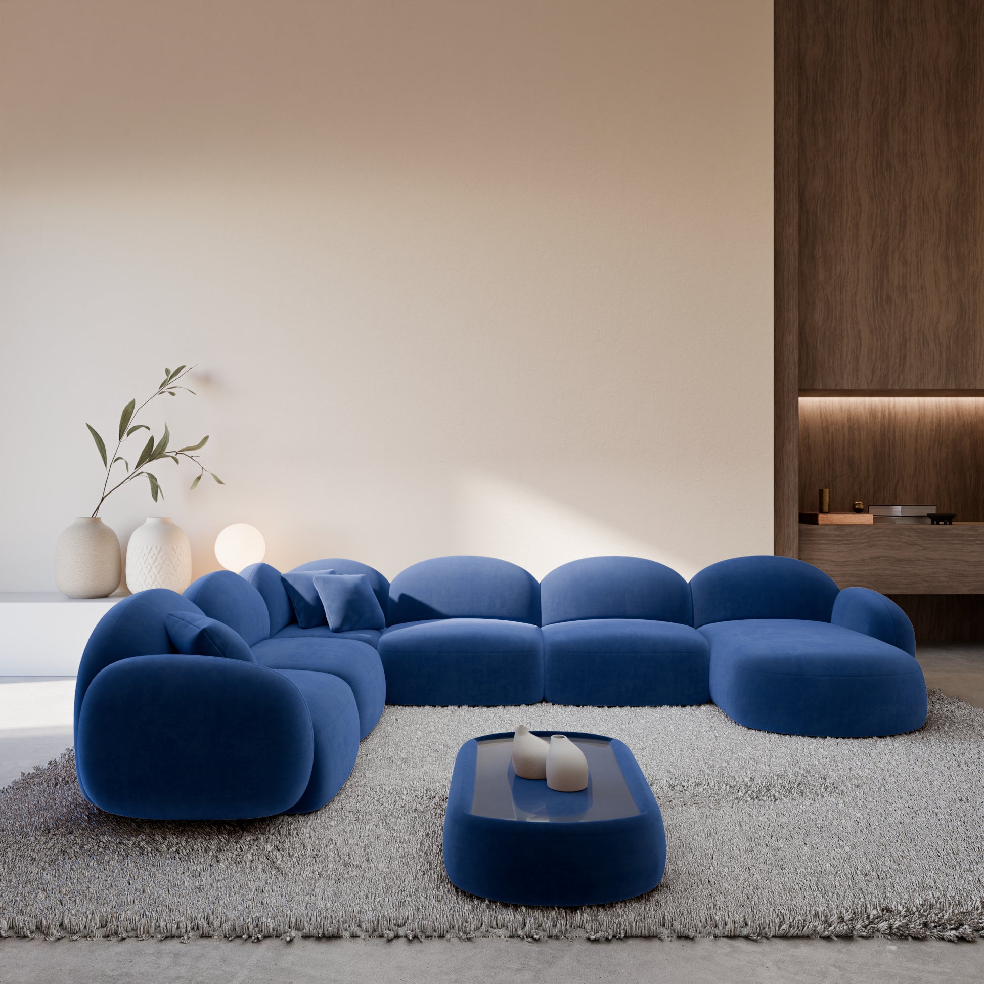 
7-Sitzer Design Panorama-Sofa „Varello XXL“ mit Samtbezug - Samtbezug Königsblau / Lange Seite links