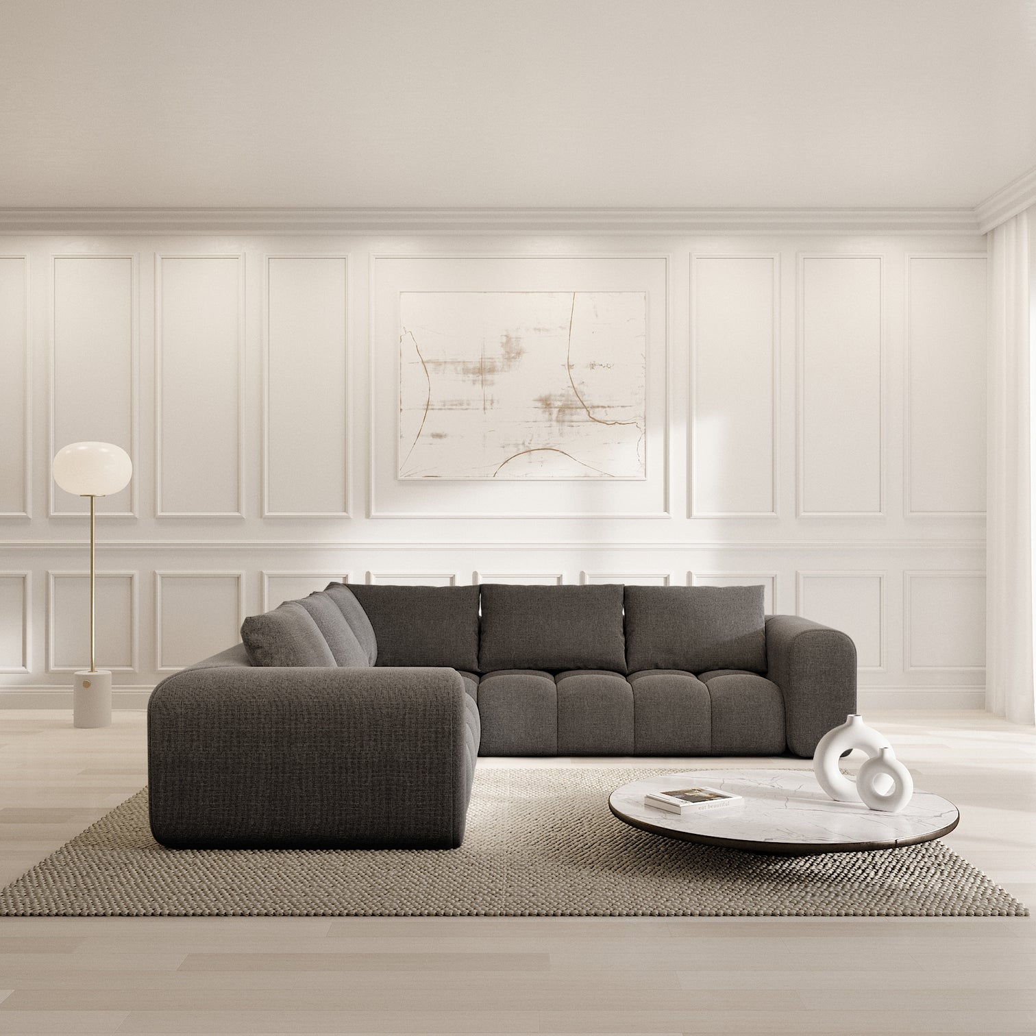 
5-seat designer corner sofa “Velina” with textured fabric upholstery - Textured fabric Anthracite