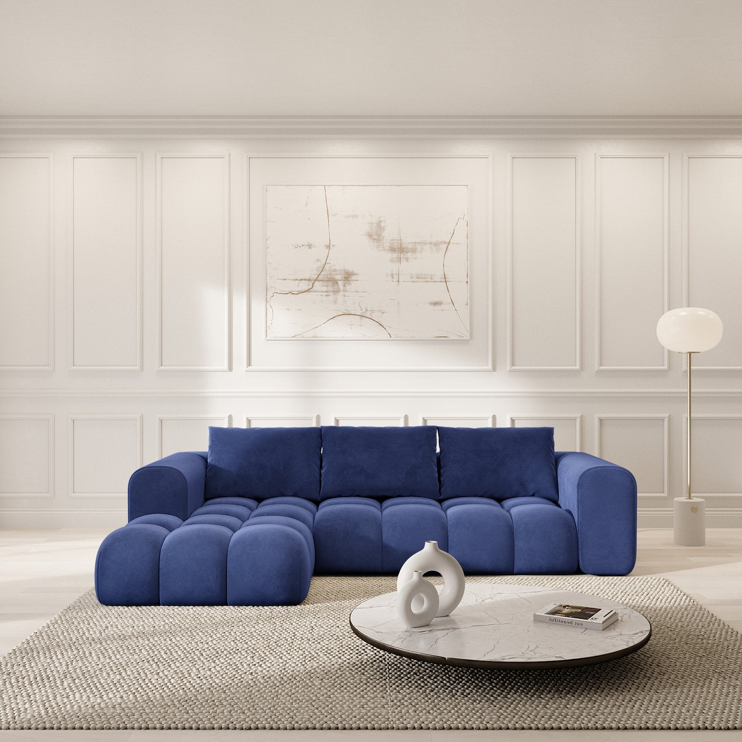 
4-seat designer corner sofas “Velina” with velvet upholstery - Velvet cover Royal Blue / Left corner section